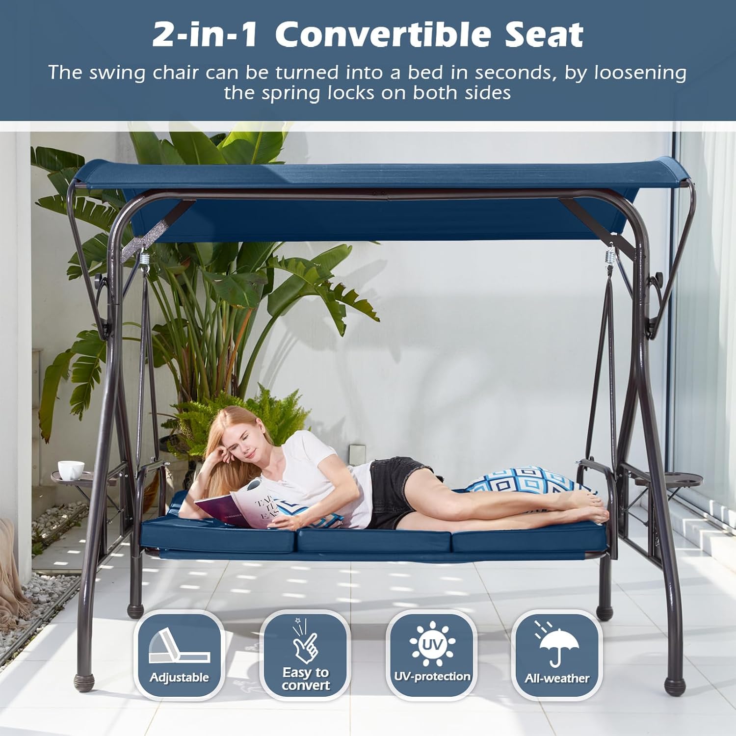 ZZW 800LBS Patio Swing with Canopy 3 Seat Outdoor Porch Swing with Stand w/Cup Holder & Pillow Glider Chair Swing Bed for Patio Backyard Poolside (Blue)