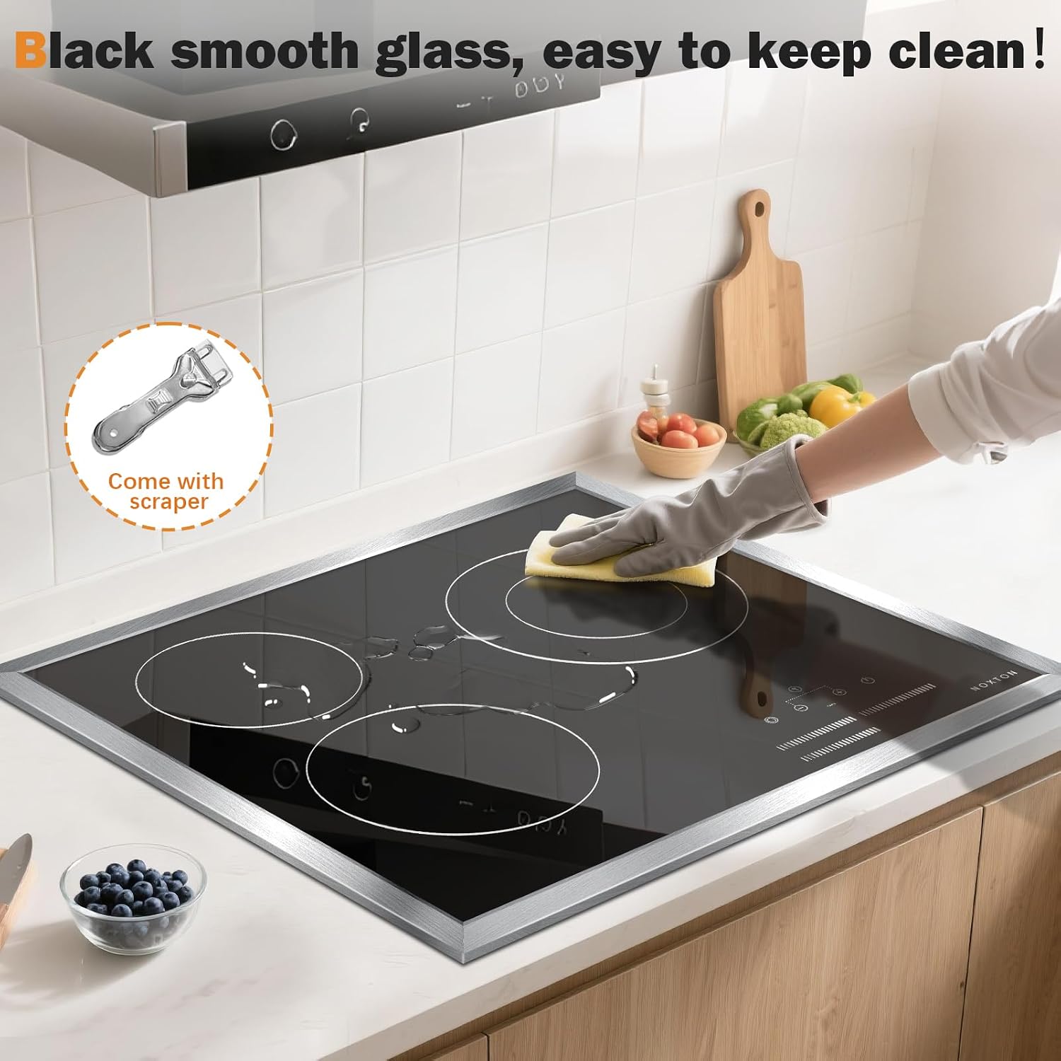Noxton 24 Inch Electric Cooktop, 3 Burner Built-in Radiant Stove Top, Stainless Steel Frame, Dual Zone Ceramic Glass Hob, Touch Slide Control, 9 Power Levels, Timer, Child Lock, 5500W, 240V Hardwired