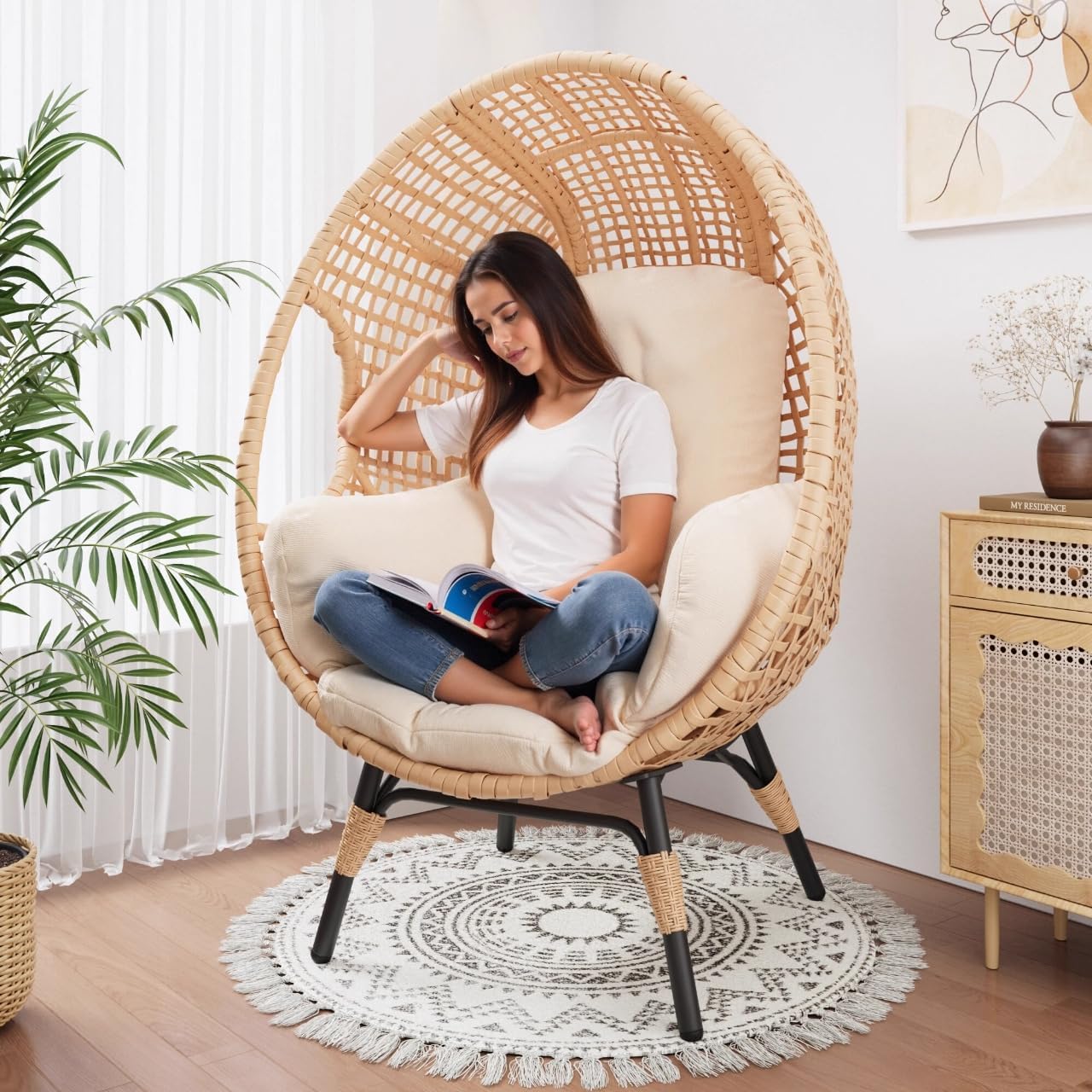 2 pcs Oversized Wicker Egg Chair Outdoor Indoor - Rattan Patio Egg Lounge Chairs with Cushion 500lbs Capacity for Living Room, Balcony, Backyard