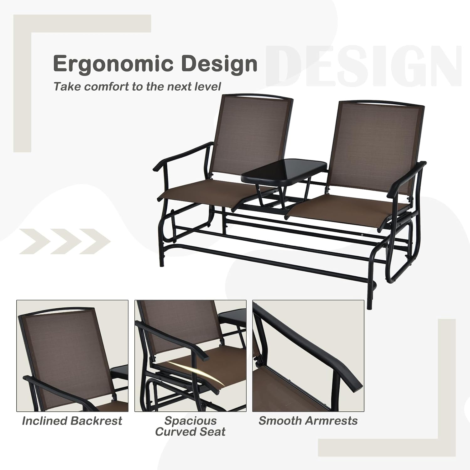 Tangkula 2 Person Swing Glider Chair, Patio Rocking Loveseat w/Center Tempered Glass Table, Outdoor Swing Bench w/Steel Frame & Breathable Mesh Fabric for Porch, Balcony, Poolside (Brown)