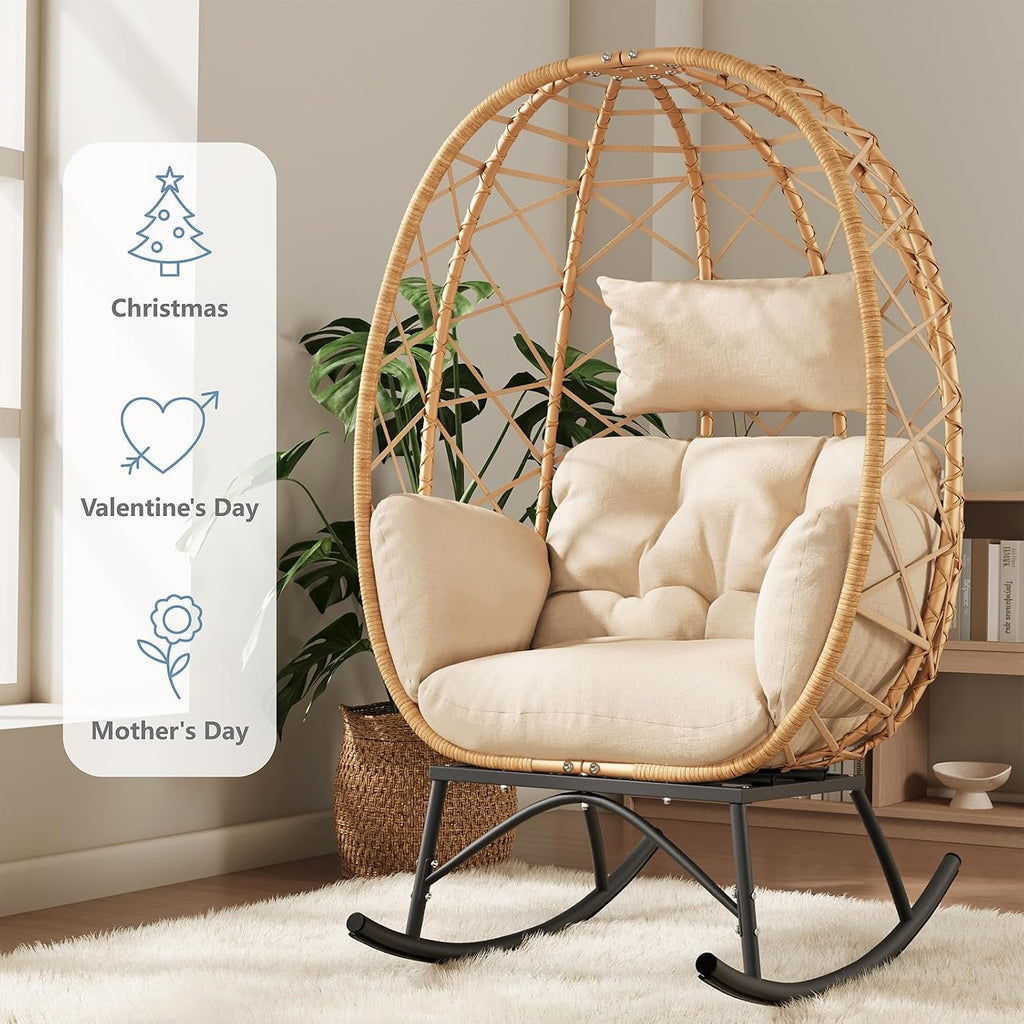 SWITTE Wicker Egg Rocking Chair Outdoor, Oversized Patio Lounge Chairs with Cushion for Indoor Living Room, Bedroom, Outside Backyard Balcony-Beige