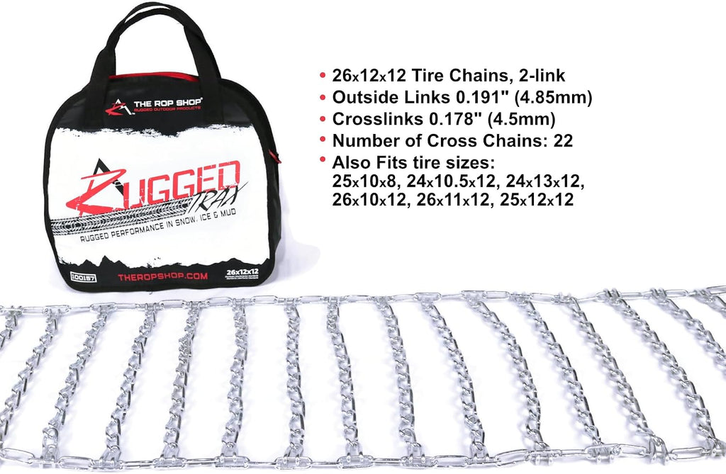 The ROP Shop Pair of 2 Link Tire Chains & Tensioners 26x11x12 for Snow Blowers, Lawn & Garden Tractors, Mowers & Riders, UTV, ATV, 4-Wheelers, Utility Vehicles