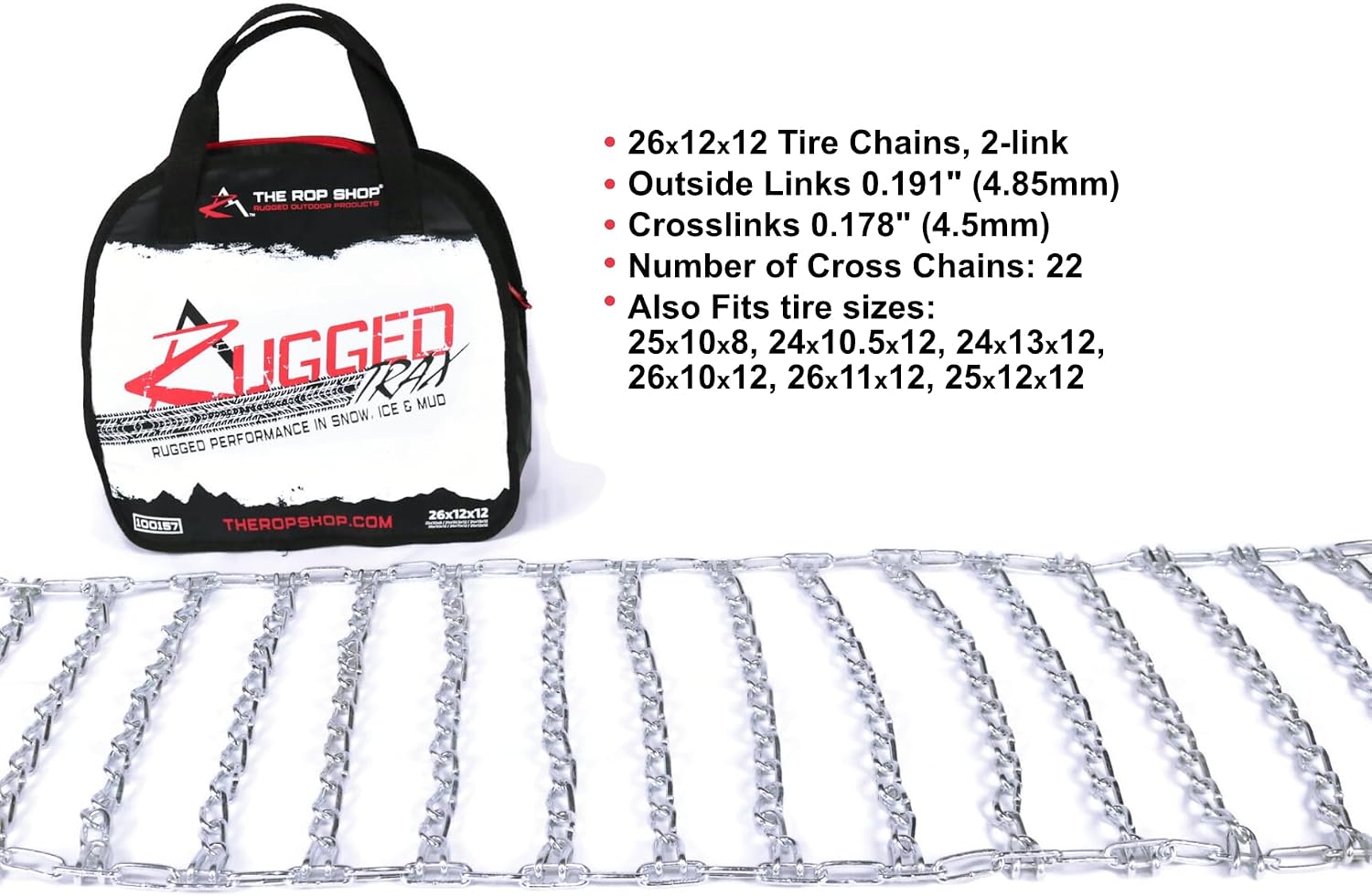 The ROP Shop Pair of 2 Link Tire Chains & Tensioners 26x11x12 for Snow Blowers, Lawn & Garden Tractors, Mowers & Riders, UTV, ATV, 4-Wheelers, Utility Vehicles