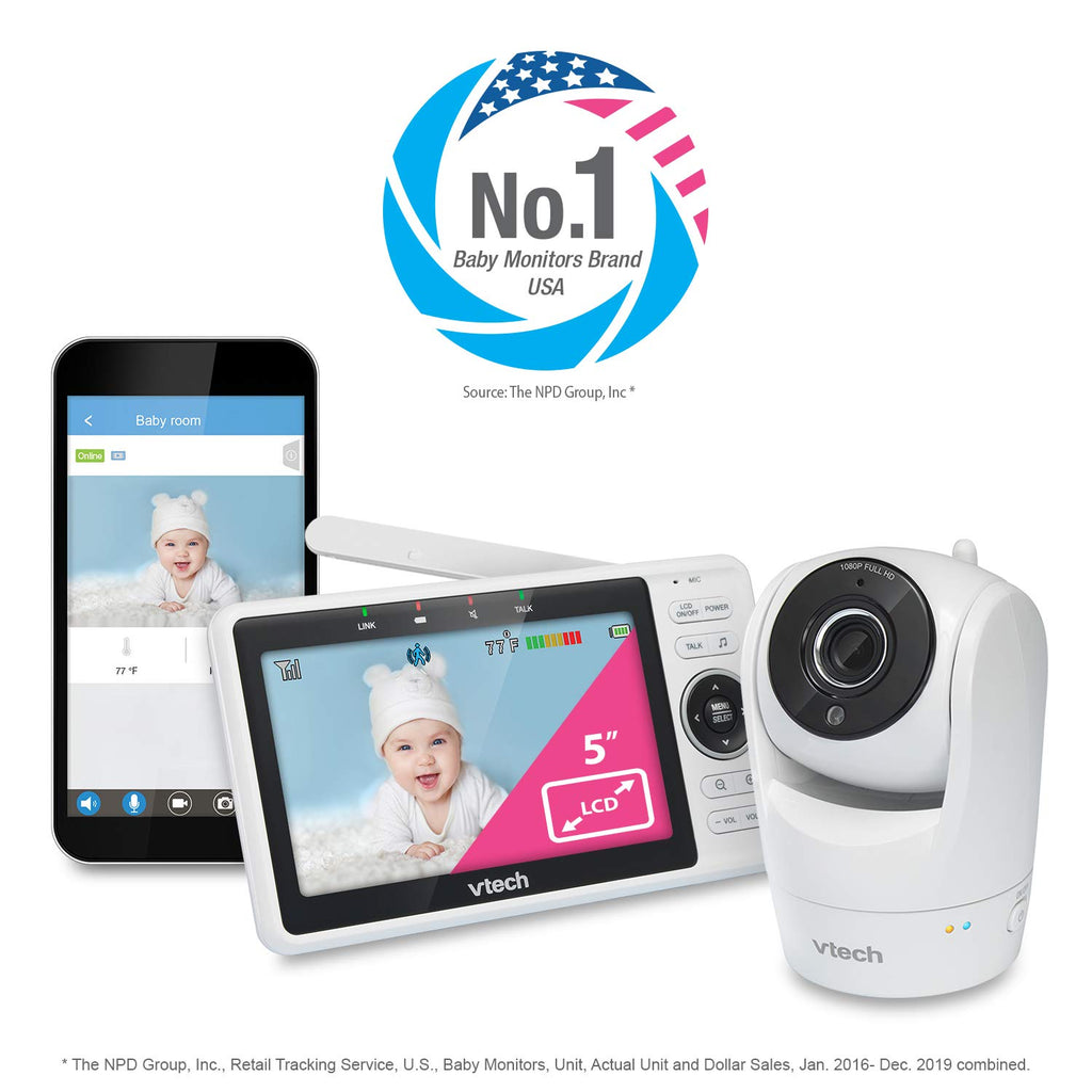 VTech VM901 Smart WiFi Baby Monitor – 1080p Camera, 5' HD Screen, Remote Pan Tilt Zoom, Free App, Night Vision, No Subscription
