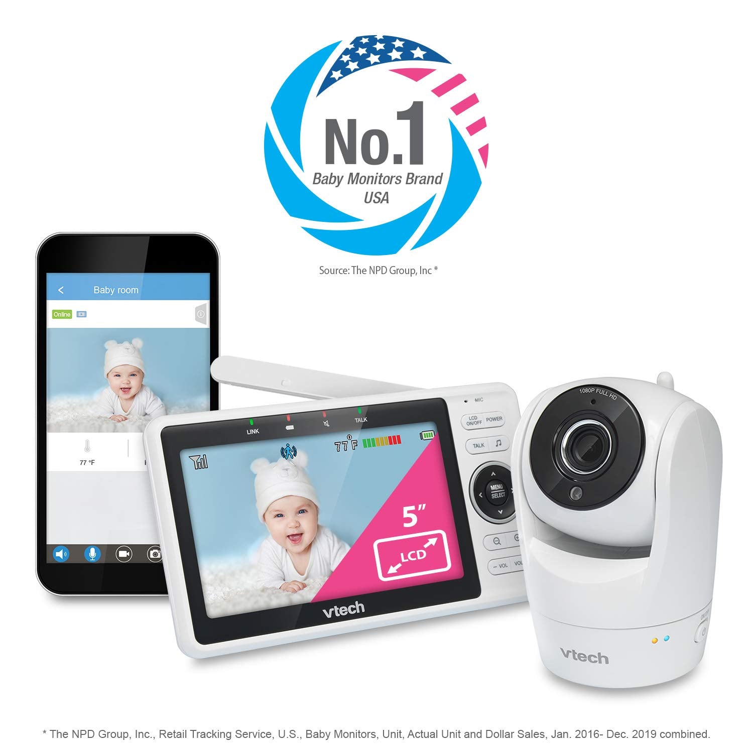 VTech VM901 Smart WiFi Baby Monitor – 1080p Camera, 5' HD Screen, Remote Pan Tilt Zoom, Free App, Night Vision, No Subscription