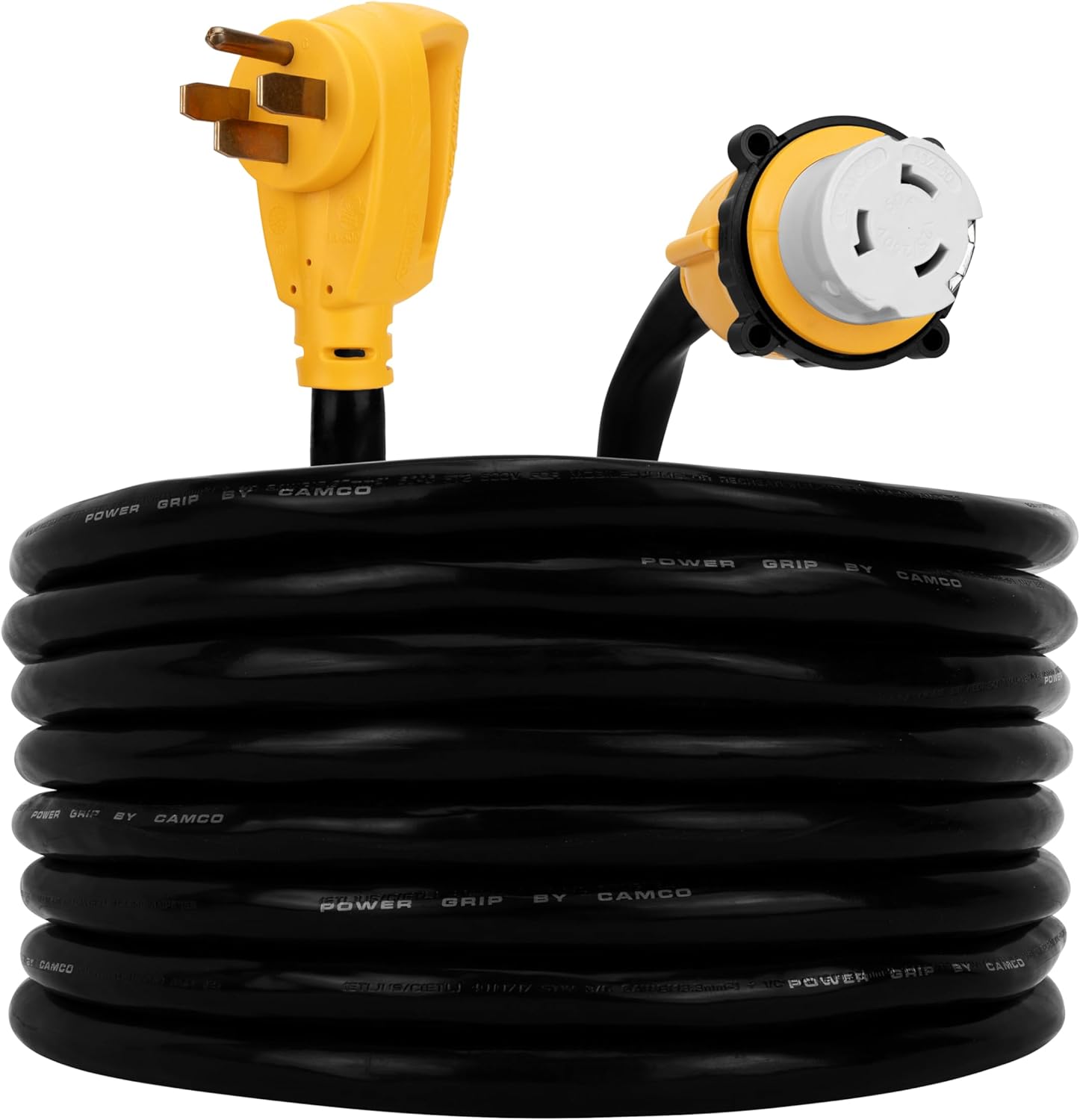Camco Power Grip 25-Ft 50 Amp RV Extension Cord - NEMA 14-50P Male & FSS2-50R Locking Female Connectors - Rated for 125/250 V/12,500 W - Features Copper 6/3 + 8/1-Gauge Wires for Conductivity (55542)