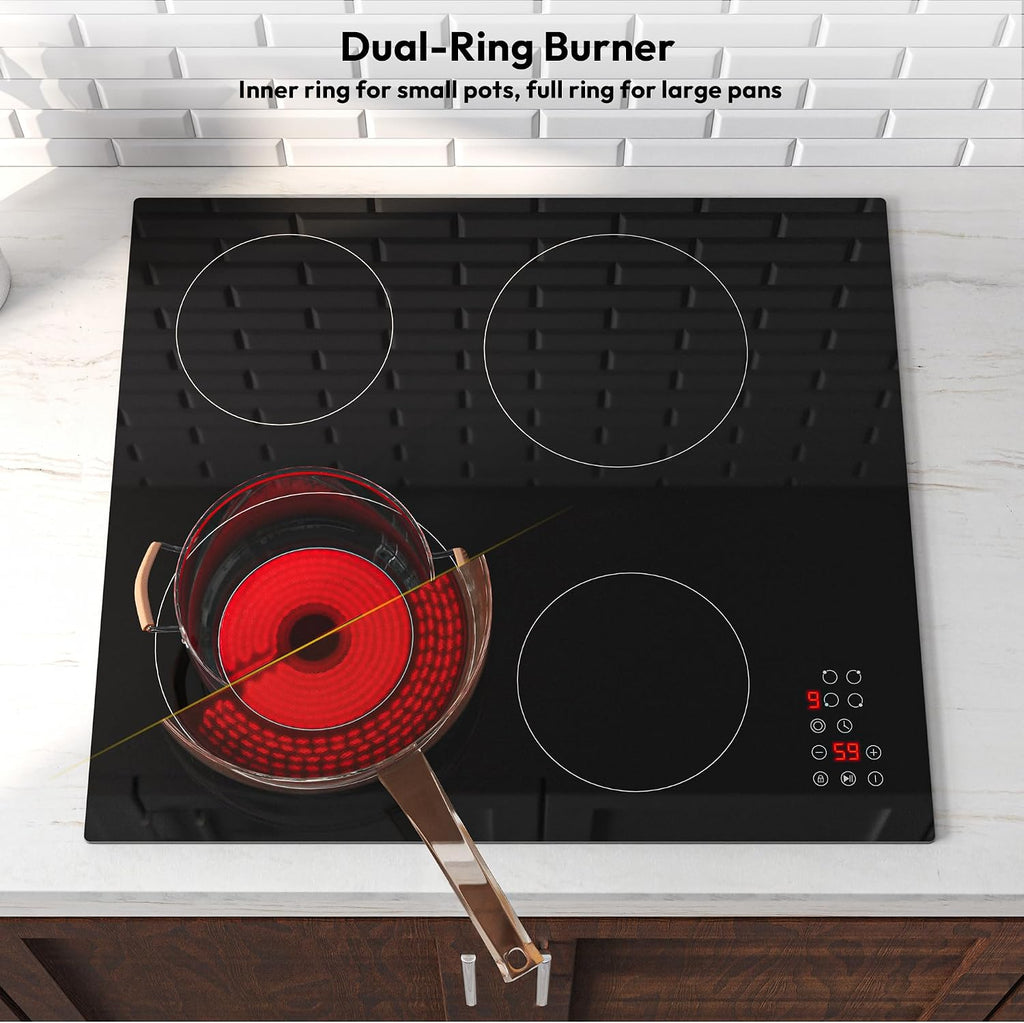 Empava 24 Inch Electric Stove Cooktop 4 Burners, Dual-Ring Zone, Timer, Child Lock, Stop & Go, Built-in Design, 208~240V Hard Wired (No Plug)