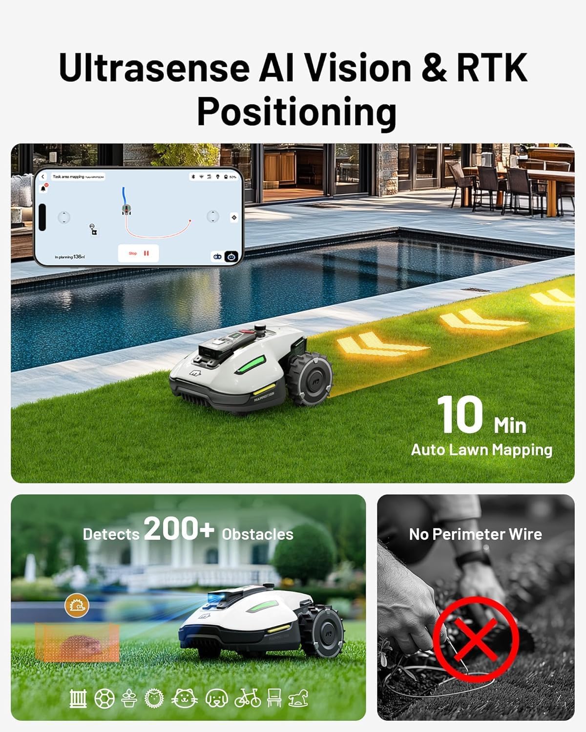 Mammotion YUKA mini 600H Robot Lawn Mower for 0.15 Acre, No Wire, No RTK Installation, Free NetRTK+AI Vision Positioning, 45% Slope, Cutting Height 2''~3.5'', 15 Mowing Zones