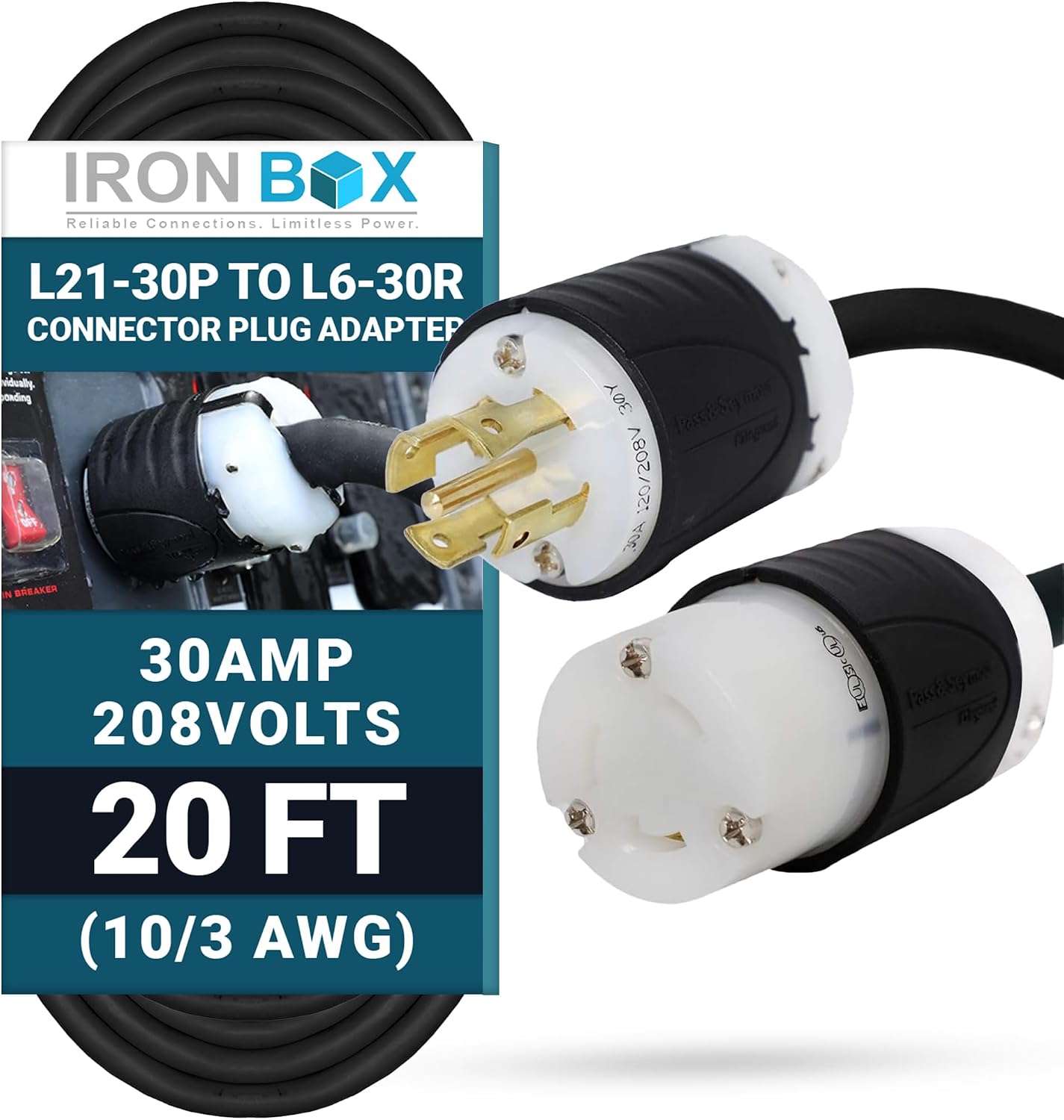 IronBox Electric - Heavy-Duty L21-30P to L6-30R Connector Plug Adapter - 10/3 AWG - 30 Amps & 208V Rated - Reliable Power Solution for Generators, Transfer Switches, and Industrial Equipment(20 foot)