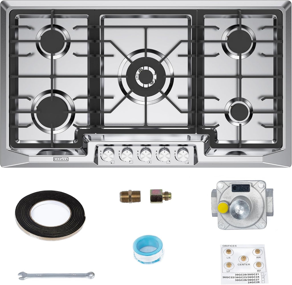 Empava 36 Inch Gas Cooktop,5 SABAF Sealed Burners Made in Italy,Propane Stove LPG/NG Convertible,Bulit-in Cook Top Stainless Steel, CSA Certified,Thermocouple Protection,for Homes, kitchens
