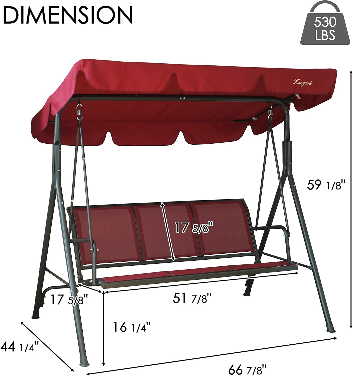 Kozyard 3-Person Outdoor Canopy Porch Swing Chair, Breathable Textilene Armrest Seat, Adjustable Shade, Heavy-Duty Powder-Coated Steel Frame Swing for Patio, Backyard, Poolside & Balcony Burgundy