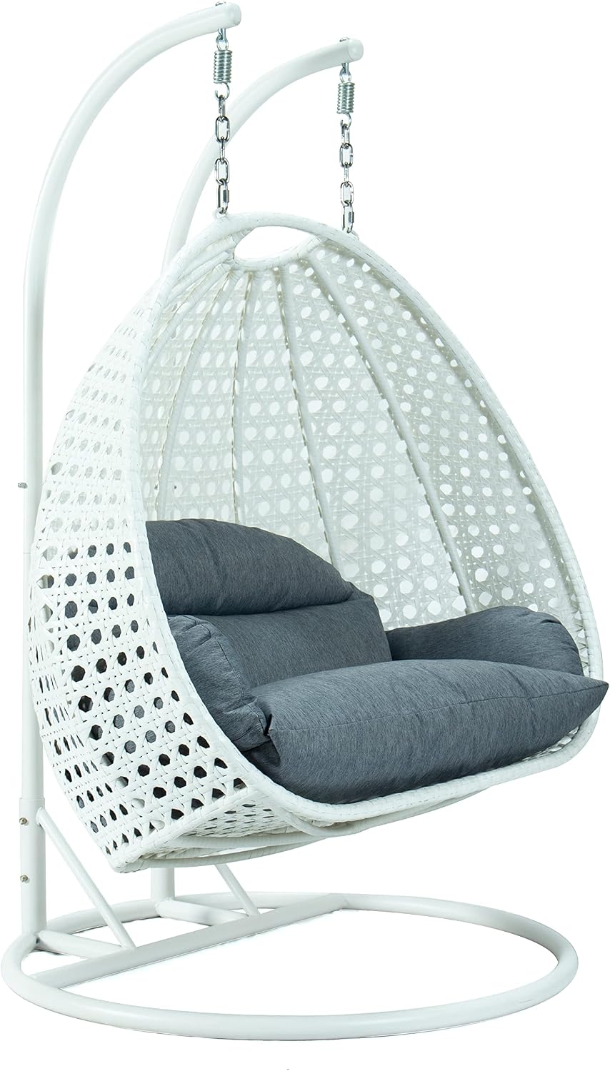 LeisureMod 2 Person Hanging Egg Chair, Indoor Outdoor Patio Lounge Swing with White Stand & UV-Resistant Cushions, Hammock Chair for Bedroom & Garden, Charcoal Blue