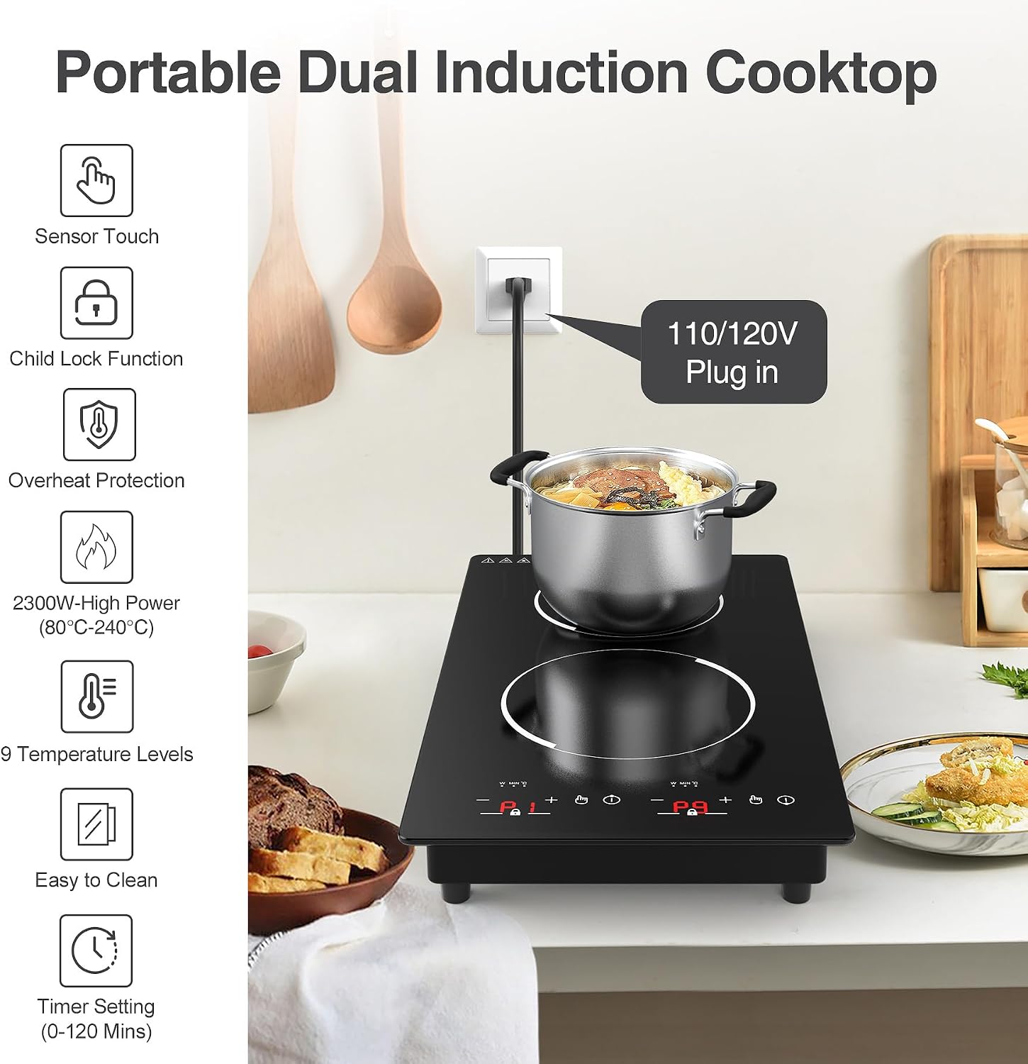 GIHETKUT Double Induction Cooktop,110V 2 Burner Induction Cooktop,2300W Electric Stove Top with Independent Control, Ultrathin Body, 9 Temperature, Multiple Power Levels, 2 Hour Timer, Safety Lock