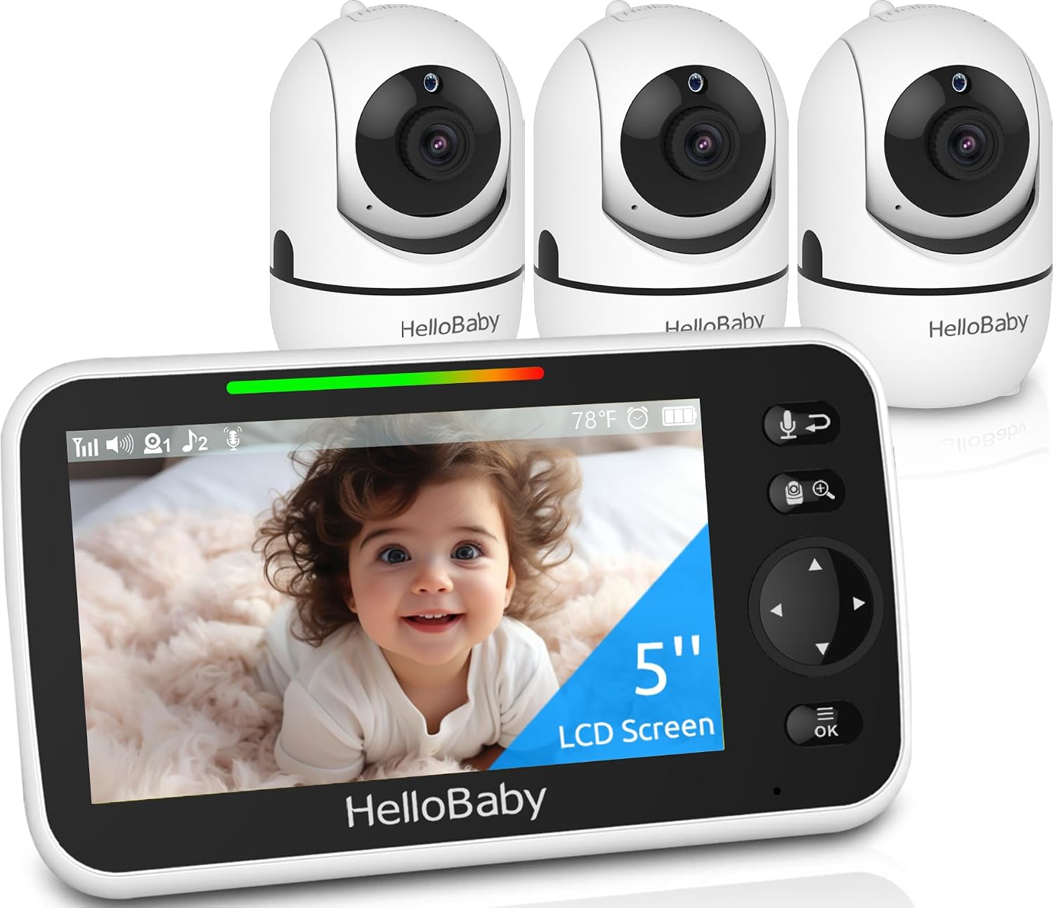 HelloBaby 5' Screen Baby Monitor with 3 Cameras - No WiFi HB6550 Video Baby Monitor, 1000ft Long Range, ECO, 26 Hour Battery, Pan-Tilt-Zoom Night Vision, Temperature Sensor & 2-Way Audio, 8 Lullabies