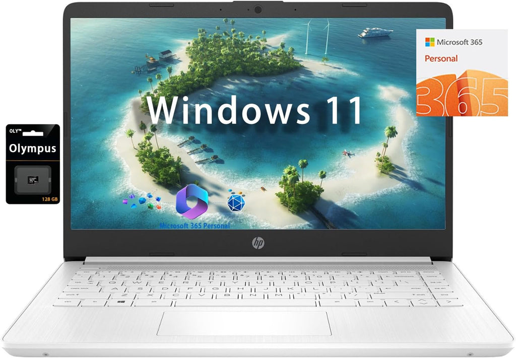 HP 14' HD Student Business Laptop, Intel Quad-Core N4120, 8GB RAM, 320GB Storage, (64GB eMMC+256GB SD Card), 1 Year Office 365, Slim Design, Webcam, HDMI, Bluetooth, WiFi, Win 11 S, White