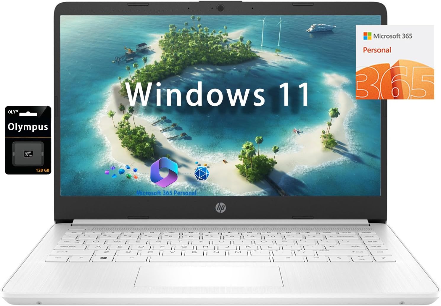 HP 14' HD Student Business Laptop, Intel Quad-Core N4120, 16GB RAM, 320GB Storage, (64GB eMMC+256GB SD Card), 1 Year Office 365, Slim Design, Webcam, HDMI, Bluetooth, WiFi, Win 11 S, White