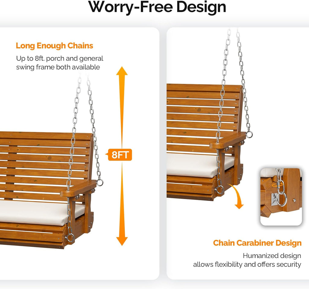 VINGLI Outdoor 4 FT Porch Swing, Heavy Duty 880 LBS Wooden Patio Swings with Cushions, Farmhouse Style Hanging Bench with Adjustable Chains for Yard | Garden | Lawn | Balcony, Brown
