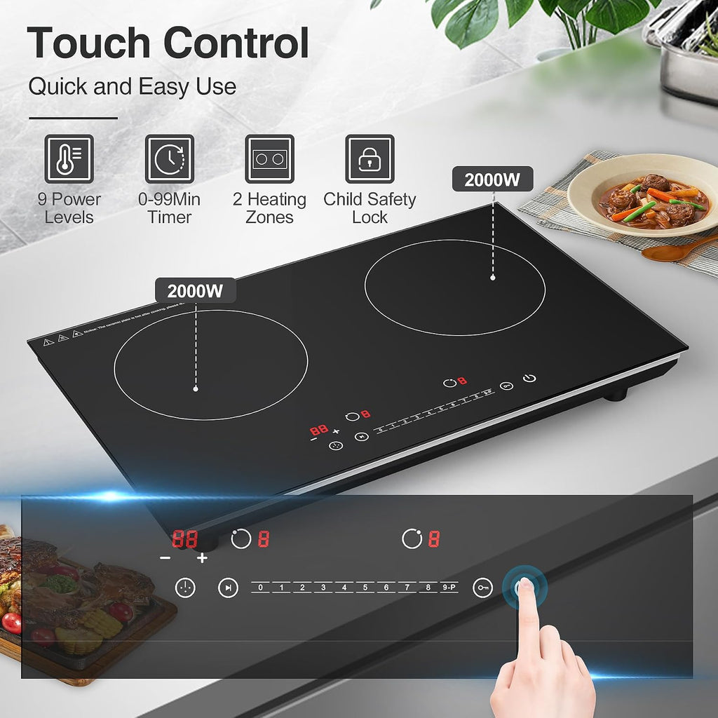 VBGK Double Induction Cooktop,4000W 2 burner induction cooktop,110V Hot Plate Electric Burner Portable Induction cooktop 2 burner with LCD Touch Screen 9 Levels Settings Child Safety Lock & Timer