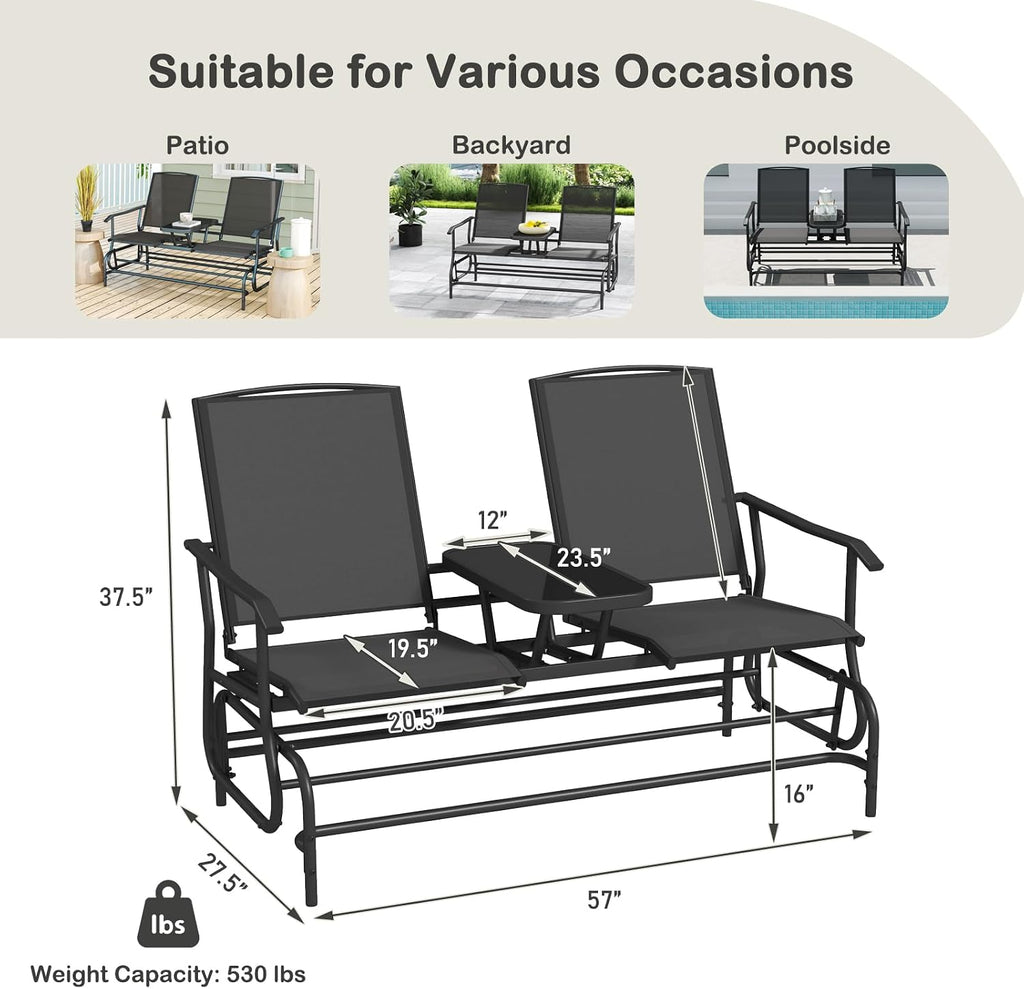 Tangkula 2 Person Swing Glider Chair, Patio Rocking Loveseat w/Center Tempered Glass Table, Outdoor Swing Bench w/Steel Frame & Breathable Mesh Fabric for Porch, Balcony, Poolside (Black)