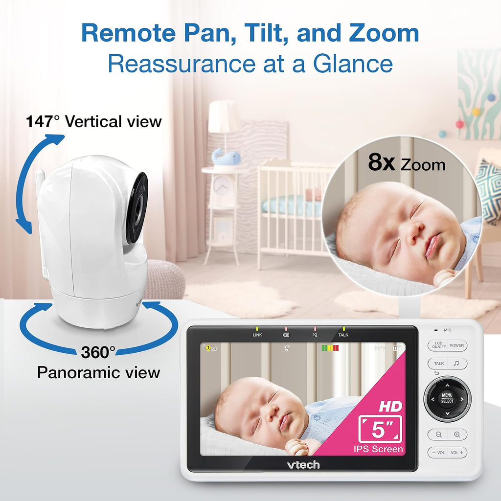 VTech 2-Cameras Smart WiFi Baby Monitor with 1080p FHD Camera and 5' HD IPS Screen, Free App with Motion Video, Sound/Motion Detection and Notifications, Split-Screen, Pan-Tilt-Zoom: VM901-2HD
