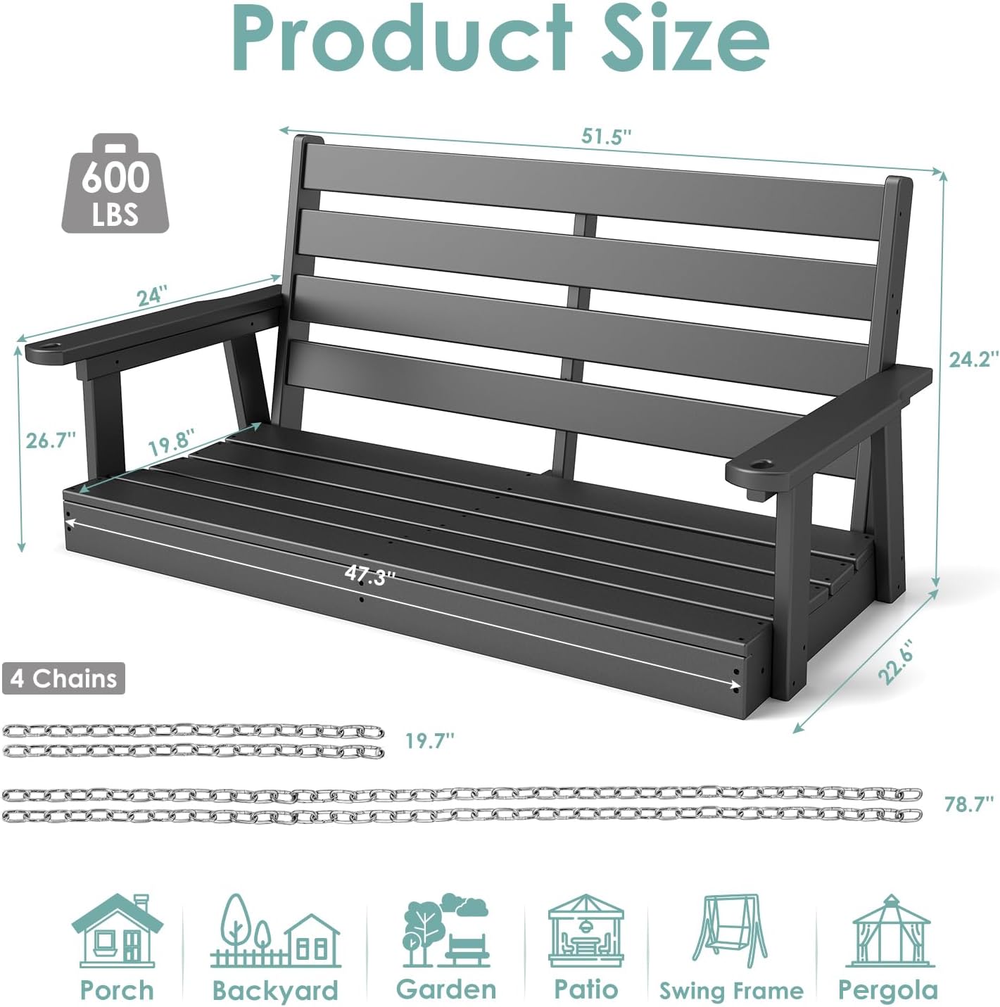 IVY&LANE Outdoor Porch Swing | HDPE Plastic | 2-Person | Hanging Bench Swings | Weatherproof | 4 Stainless Steel Chains | Black | for Outside Patio Garden Backyard Tree