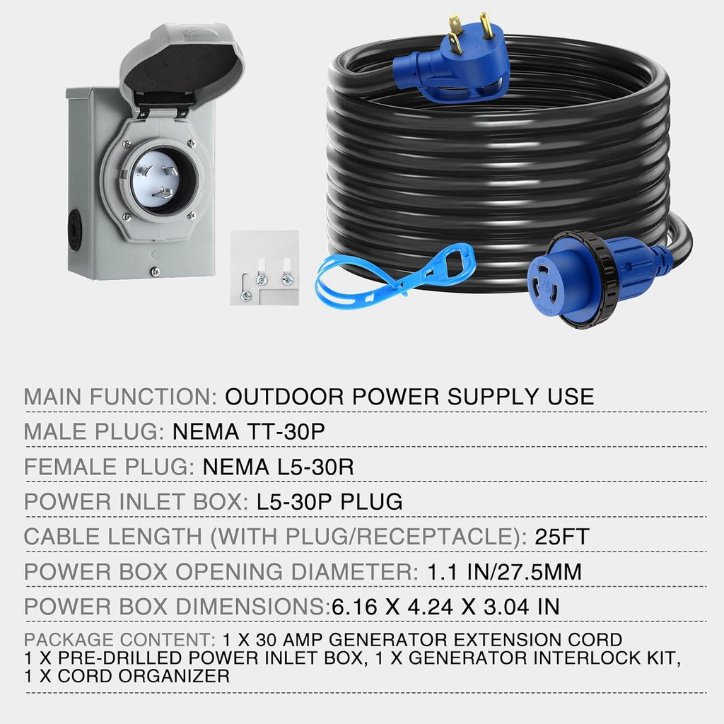 Xuhal 25 FT 30 Amp Generator RV Extension Cord and Pre-Drilled Power Inlet Box 3 Prong Compatible with NEMA TT-30P/L5-30R 125V/250V Cord with Generator Interlock Kit to House STW 10 Awg, Etl Listed