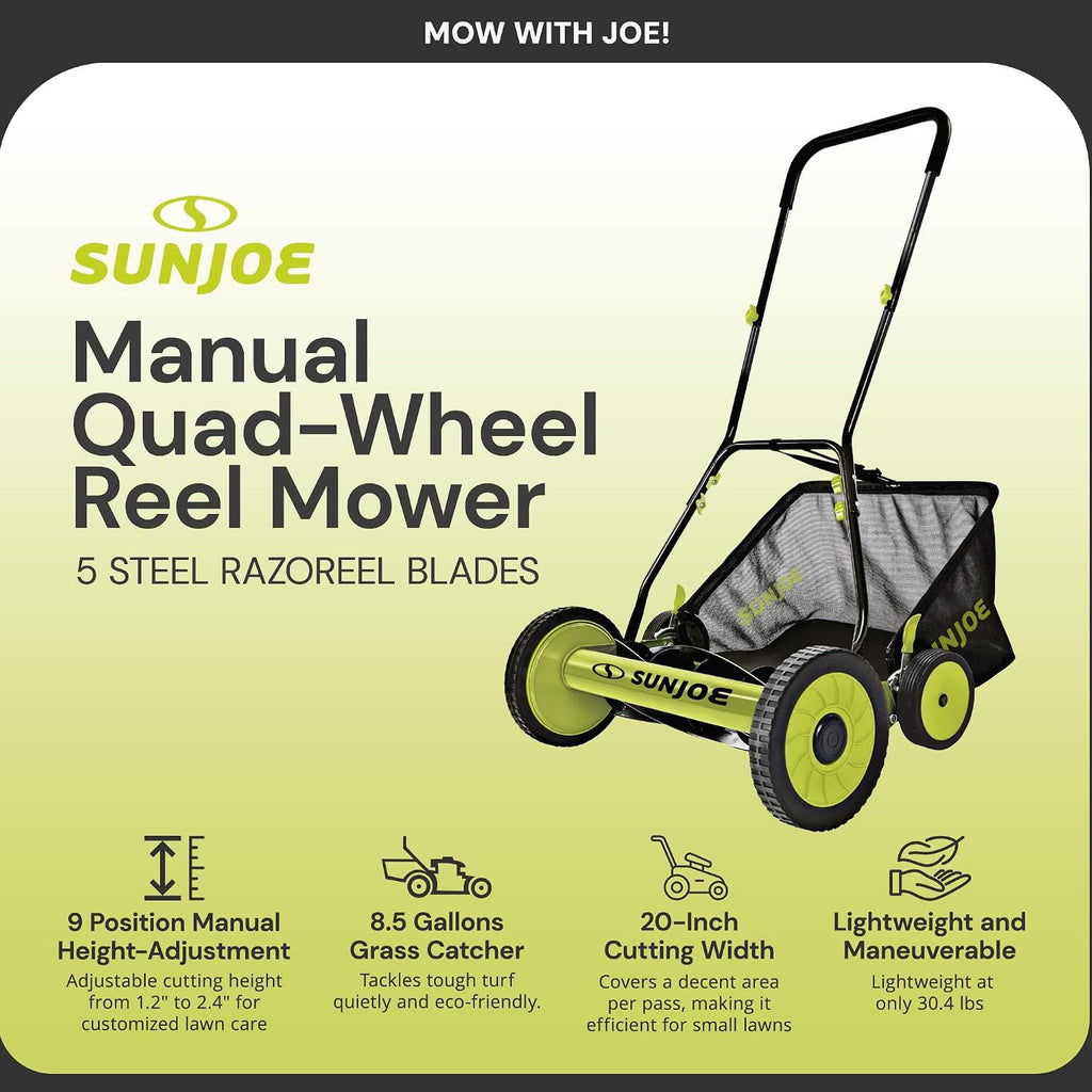 Sun Joe MJ502M Reel Mower w/ 8.5-Gallon, 9-Position Height Adjustment, Foam Grip, Compact Design, Green, 20-Inch Manual w/Grass Catcher