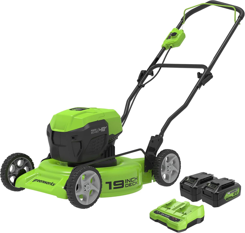 Greenworks 48V (2 x 24V) 19' Brushless Cordless (Push) Lawn Mower (125+ Compatible Tools), (2) 4.0Ah Batteries and Dual Port Rapid Charger Included
