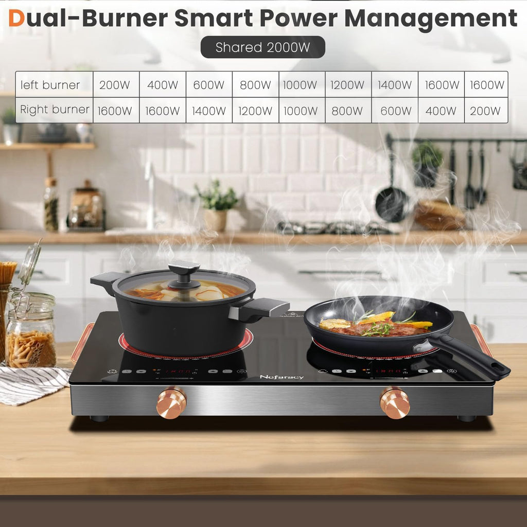 2 Burner Electric Cooktop 24 inch, 110-120V Plug in 2000W Ceramic Cooktop, Portable Electrics Stove with Handles,Touch & Knob Control, Safety Lock, 9 Heating Levels, 240Mins Timer, Overheat Protection