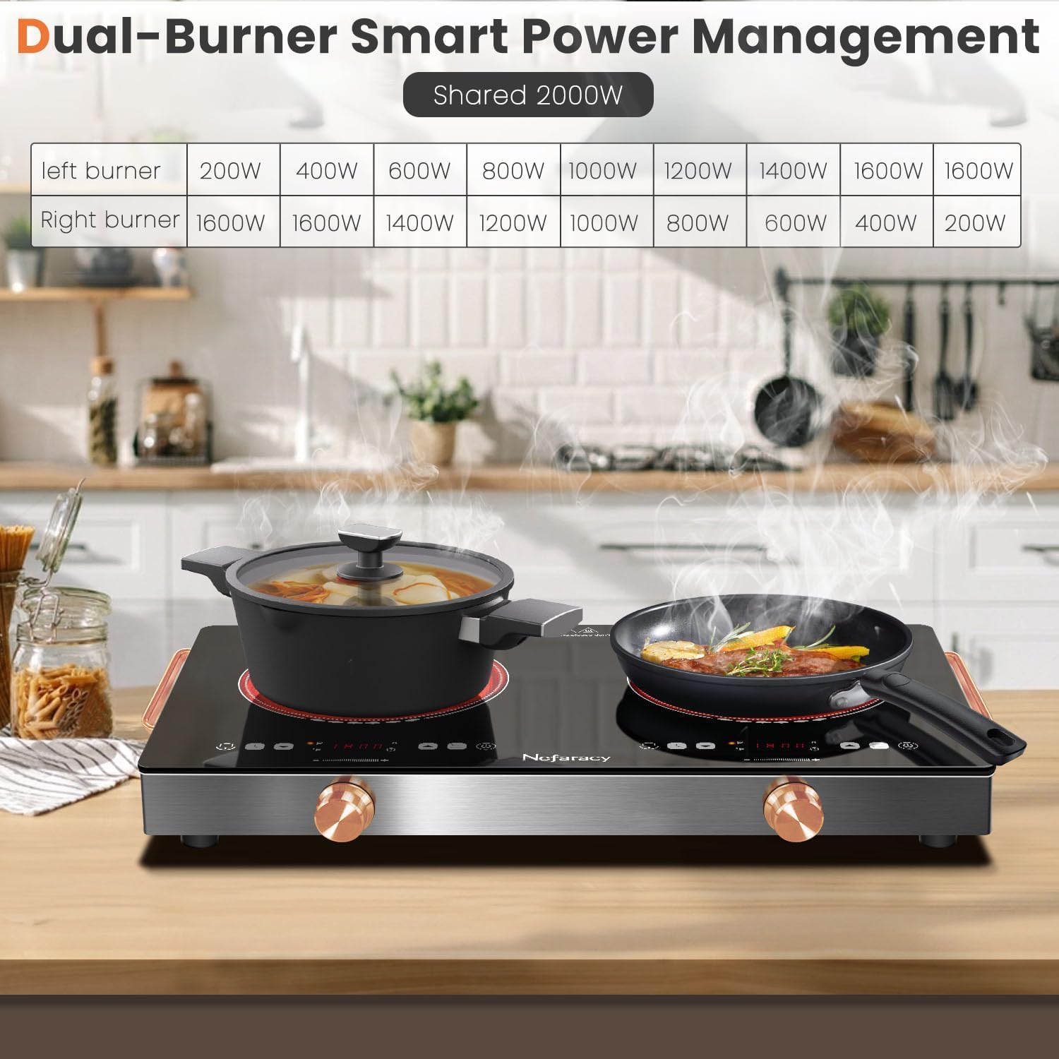 2 Burner Electric Cooktop 24 inch, 110-120V Plug in 2000W Ceramic Cooktop, Portable Electrics Stove with Handles,Touch & Knob Control, Safety Lock, 9 Heating Levels, 240Mins Timer, Overheat Protection