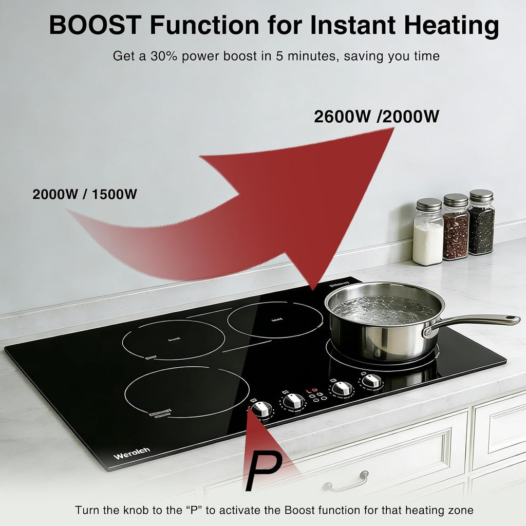 30 Inch Induction Cooktop 7800W, Weceleh 10 Levels Electric Cooktop with 4 BOOST Burners, Bulid-in Induction Stove Top, Bridge-Sync, Safety Lock, Timer, Knob Control, No Plug, 220-240V
