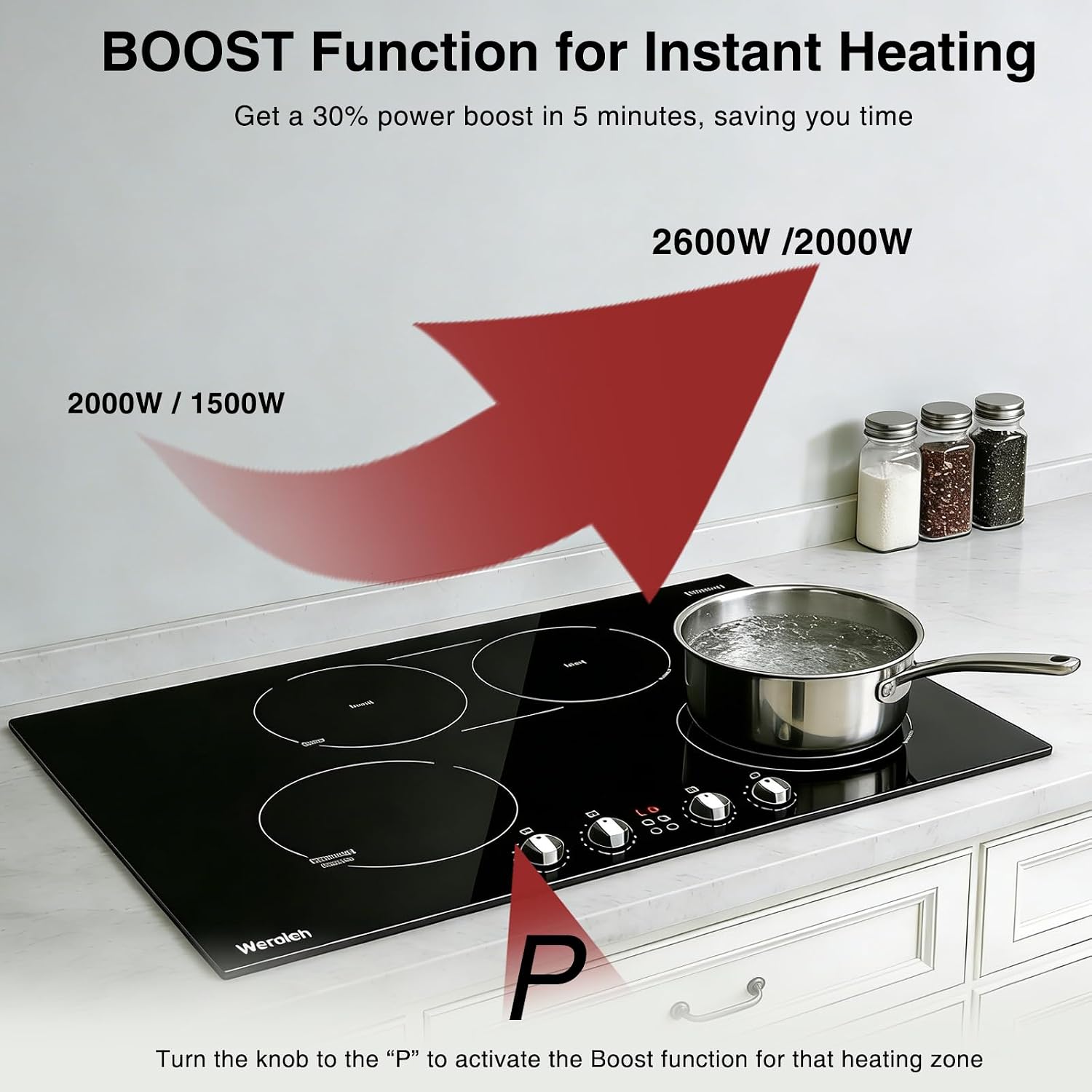 30 Inch Induction Cooktop 7800W, Weceleh 10 Levels Electric Cooktop with 4 BOOST Burners, Bulid-in Induction Stove Top, Bridge-Sync, Safety Lock, Timer, Knob Control, No Plug, 220-240V