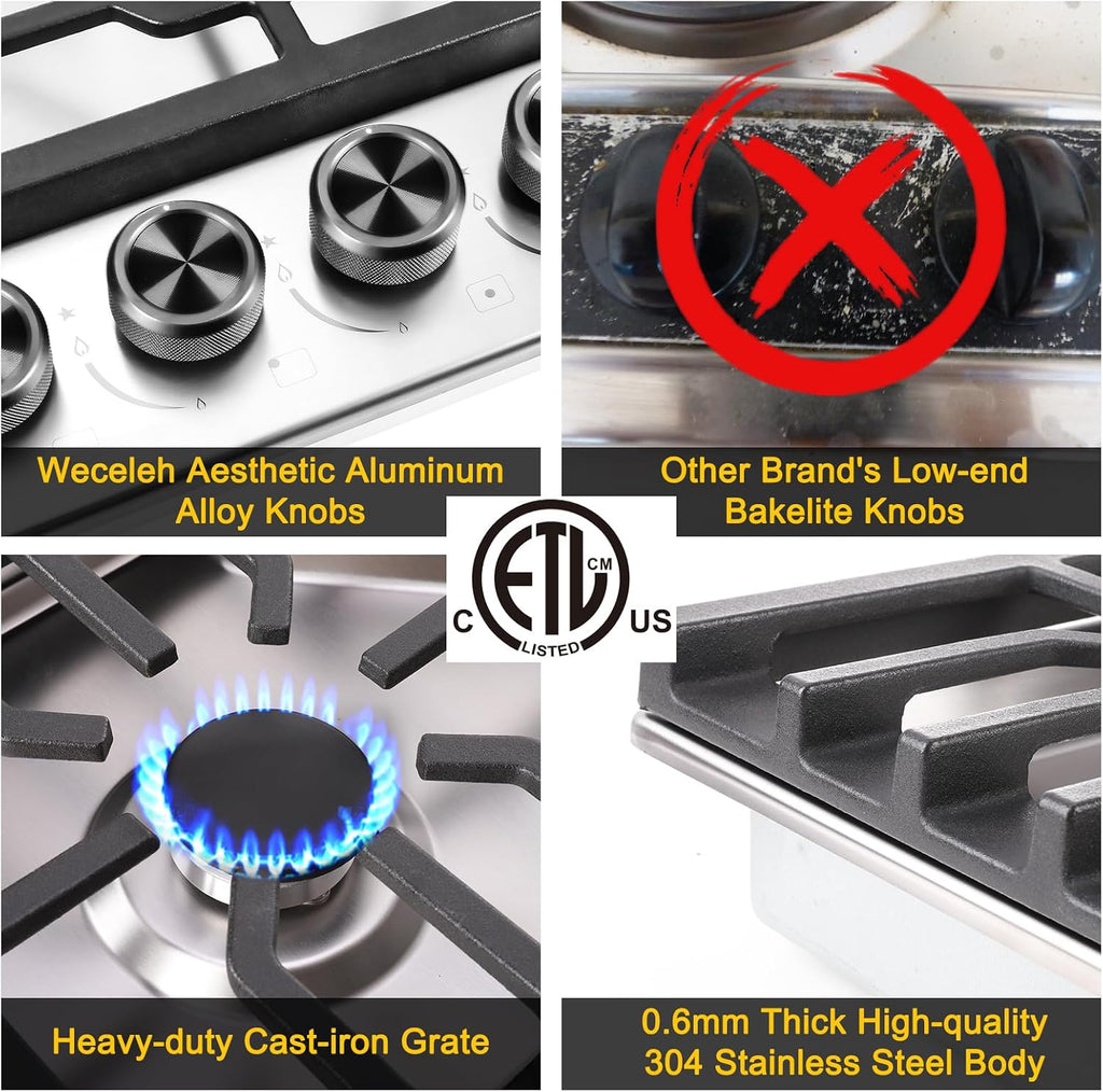 30 Inch Gas Cooktop, Built-in Propane Cooktop with 5 Italy SABAF Sealed Burners, 304 Stainless Steel, Heavy-Duty Cast Iron Grates, NG/LPG Convertible, Ion Ignition, ETL Listed