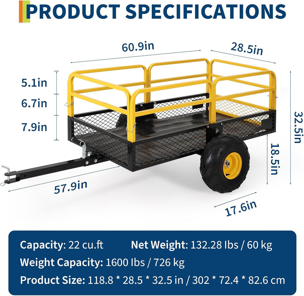 Garvee ATV UTV Trailer Tow Behind Dump Cart, 1600Lbs 22 Cubic Feet, Heavy Duty Yard Garden Trailer Pull Behind Dump Trailer for Lawn Mower Tractor