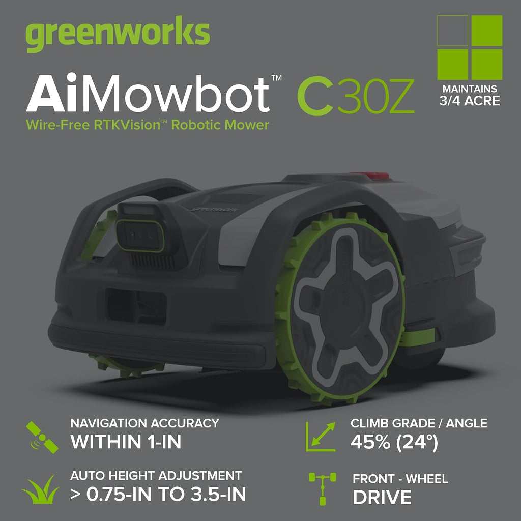 Greenworks C30Z Wire-Free Robotic Lawn Mower, up to 3/4 Acre, RTKVision Navigation, 24-Degree Slope Climbing, Smart Obstacle Avoidance, App Control with Electric Height Adjustment