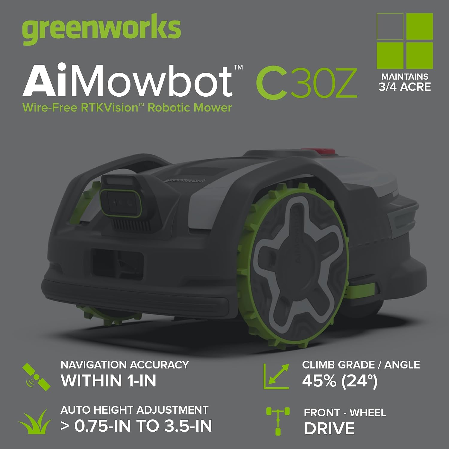 Greenworks C30Z Wire-Free Robotic Lawn Mower, up to 3/4 Acre, RTKVision Navigation, 24-Degree Slope Climbing, Smart Obstacle Avoidance, App Control with Electric Height Adjustment