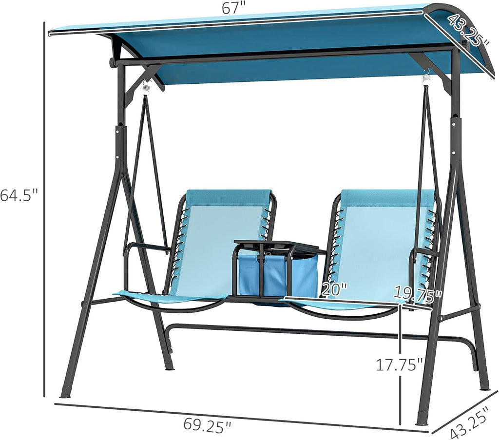 Outsunny 2-Seat Patio Swing Chair, Outdoor Canopy Swing Glider with Pivot Storage Table, Cup Holder, Adjustable Shade, Bungie Seat Suspension and Weather Resistant Steel Frame, Blue