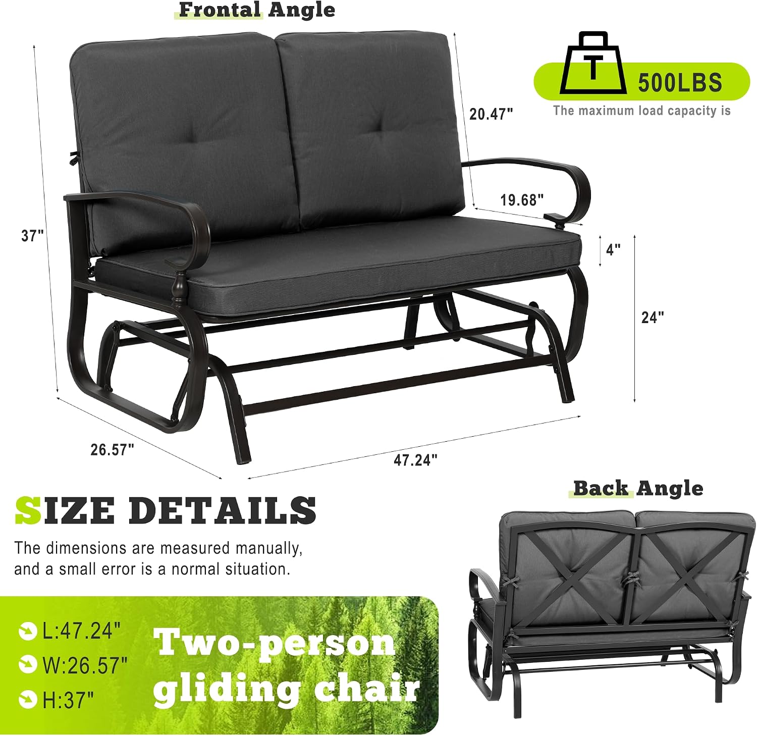 Outdoor Bench Patio Swing Glider Loveseat 2 Seats Rocking Chair, Wrought Iron Gliders for Outside Patio with Cushion (Grey)