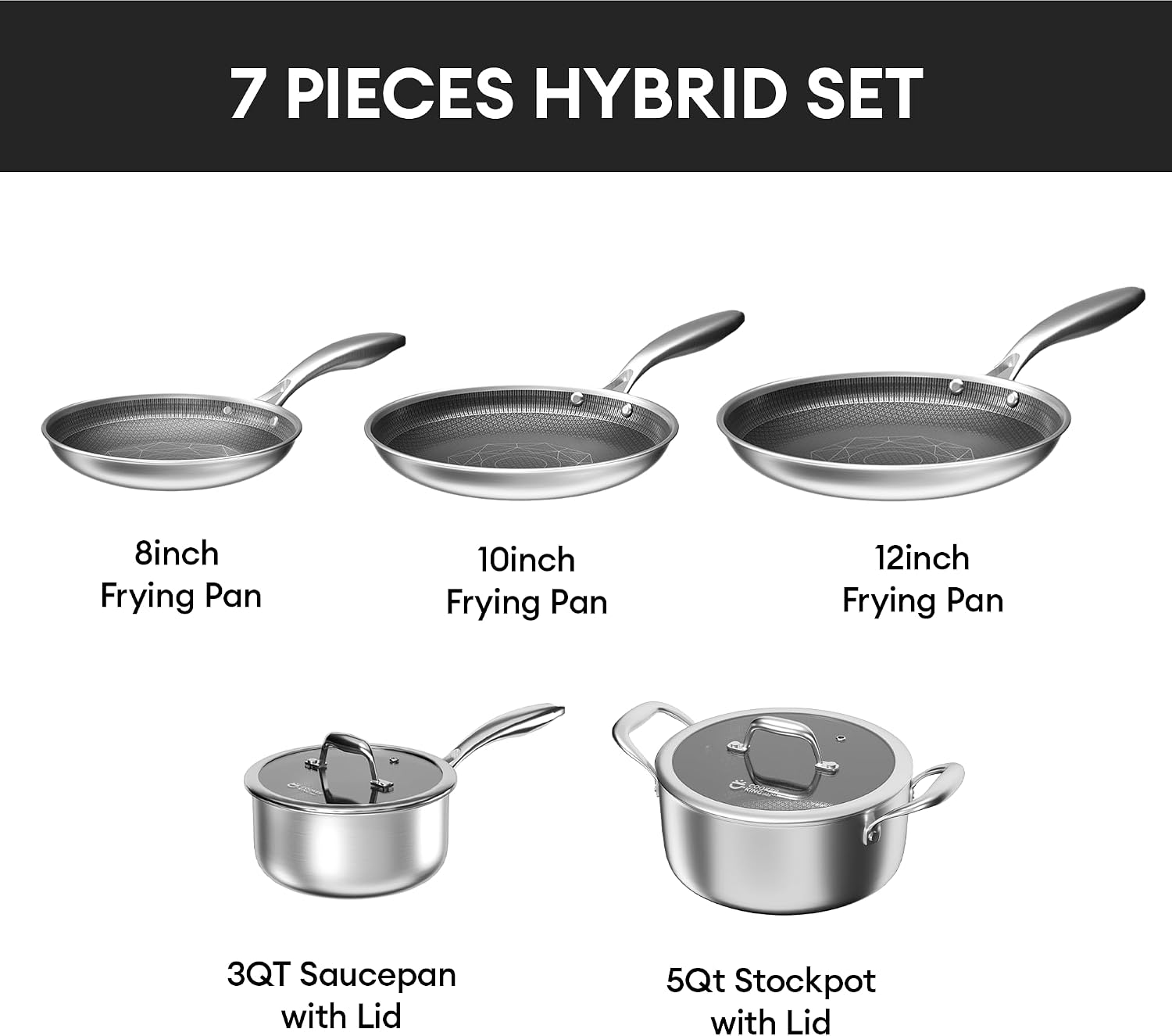 COOKER KING Stainless Steel 7PCS Cookware Set, Pots and Pans Set, Non Stick, Frying Pans, Saucepans & Stock Pot with Lid, Non-Toxic, Induction, Oven, Dishwasher Safe