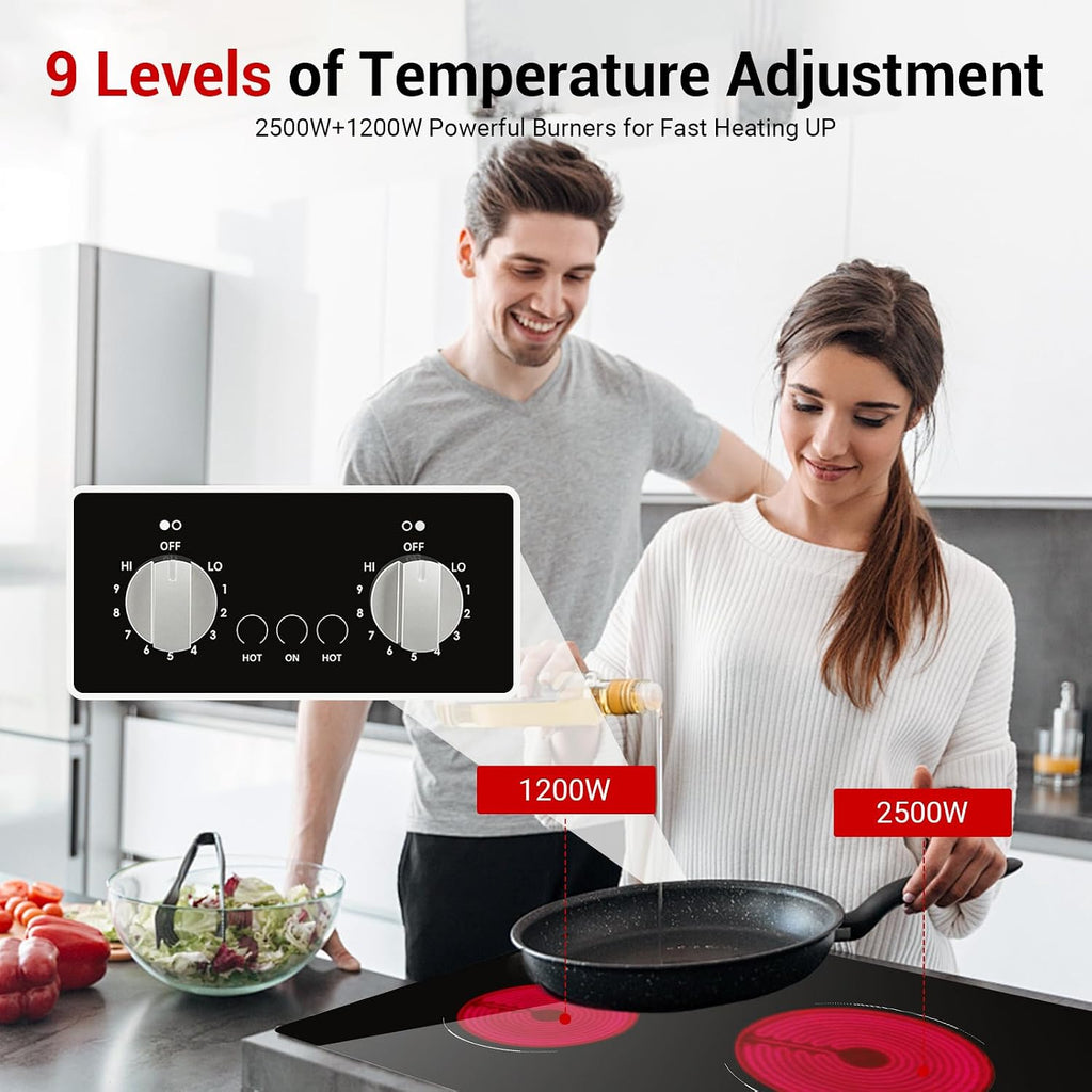 Electric Cooktop 2 Burner, 21 Inch Double Electric Stove Top Mechanical Knob Control Built-in 3700W Large Ceramic Stove Top, 9 Heating Level, 220-240V, Hard Wired,Overheating Protection