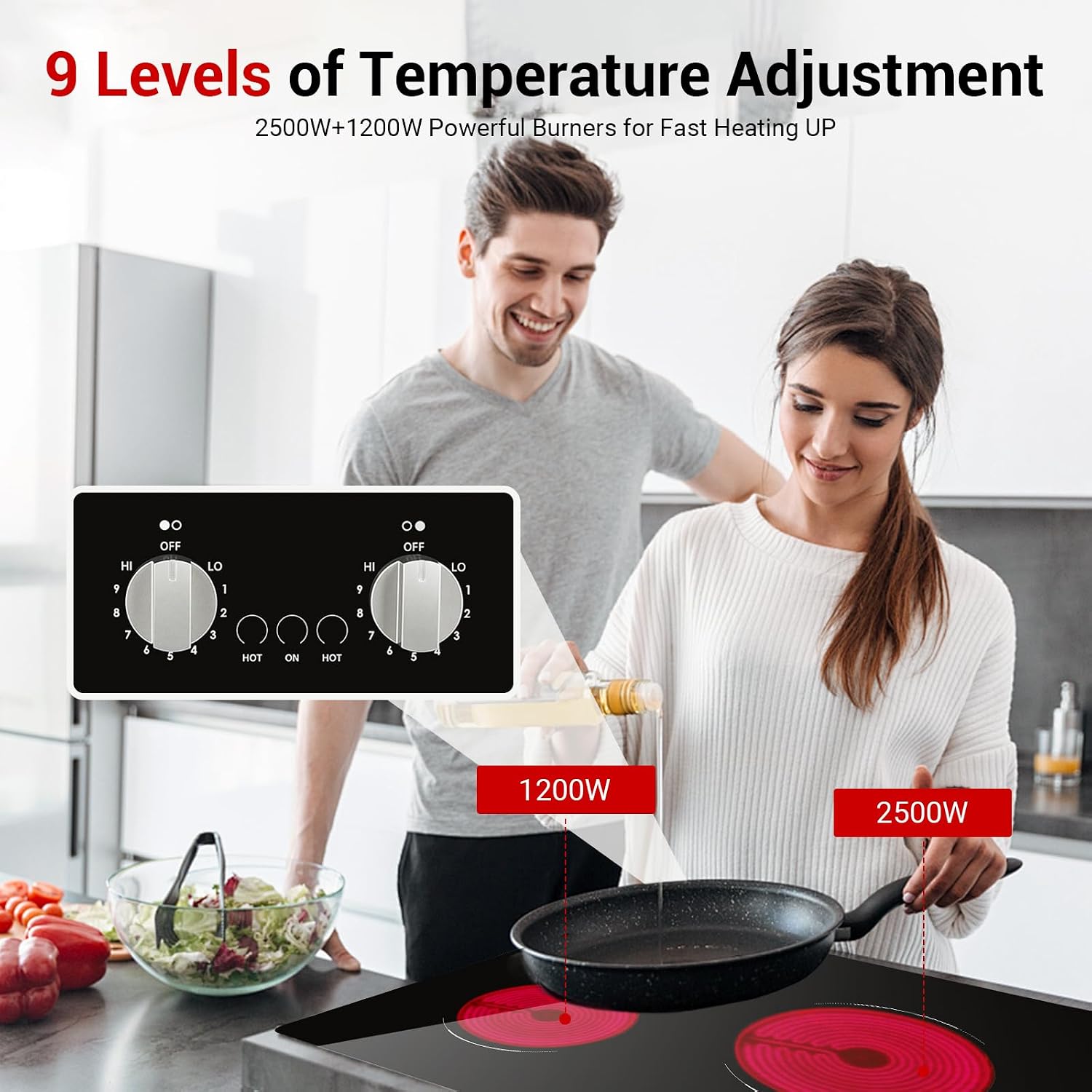 Electric Cooktop 2 Burner, 21 Inch Double Electric Stove Top Mechanical Knob Control Built-in 3700W Large Ceramic Stove Top, 9 Heating Level, 220-240V, Hard Wired,Overheating Protection