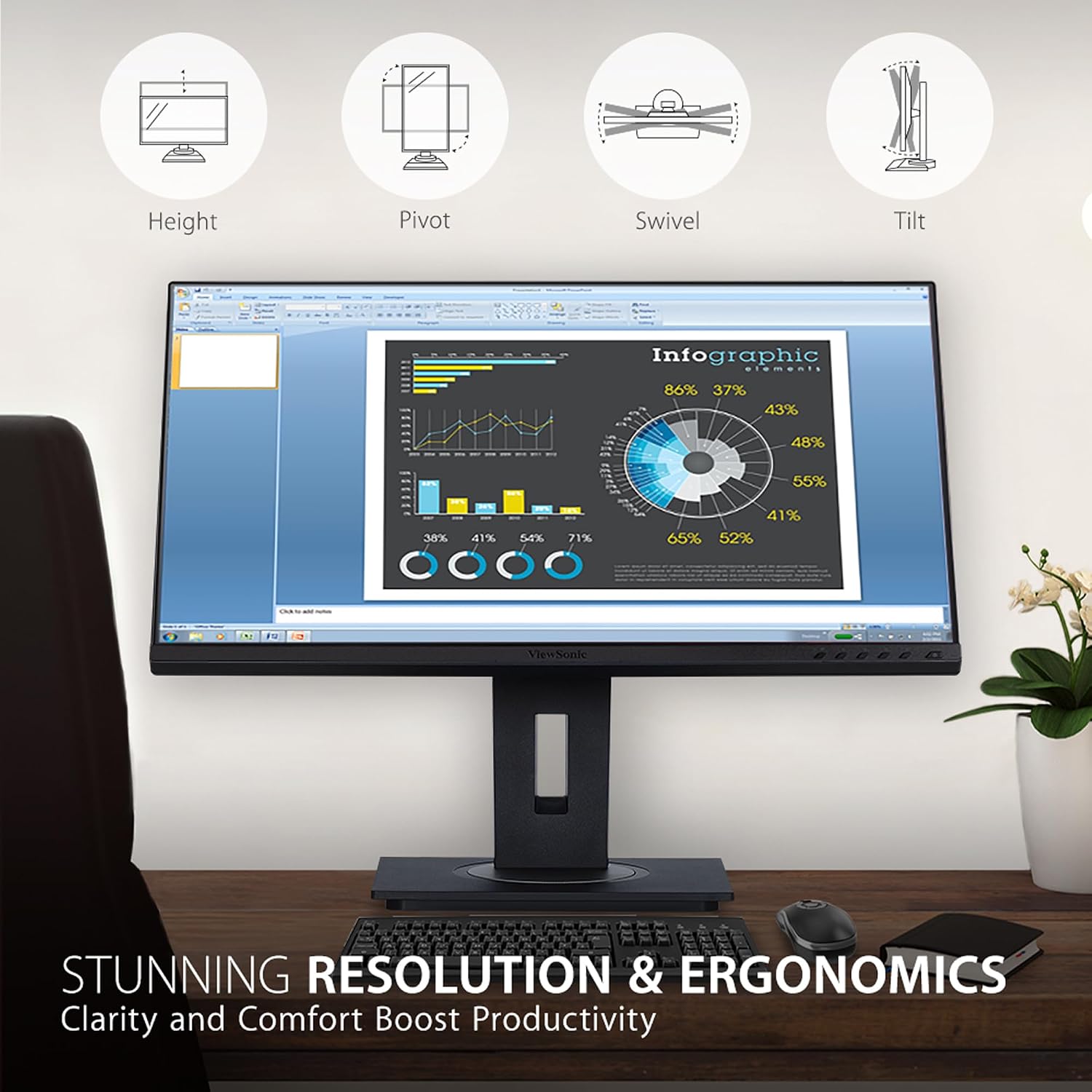 ViewSonic VG2748A 27 Inch IPS 1080p Ergonomic Monitor with Ultra-Thin Bezels, HDMI, DisplayPort, USB, VGA, and 40 Degree Tilt for Home and Office, Black