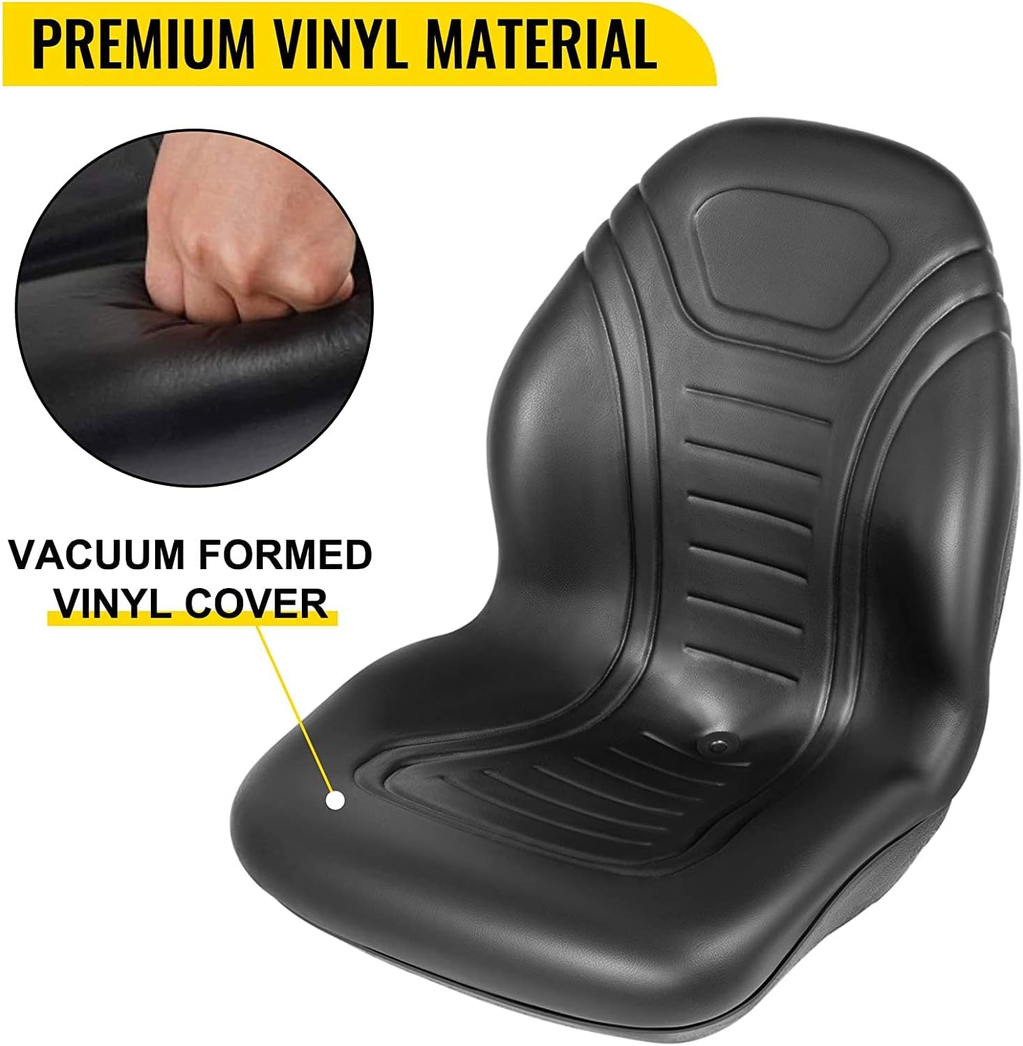 VEVOR Universal Lawn Tractor Seat Replacement, Compact High Back Mower Seat, Black Vinyl Forklift Seat, Central Drain Hole Skid Steer Seat with Mounting Bolt Patterns of 8' x 11.5' & 11.25' x 11.5'