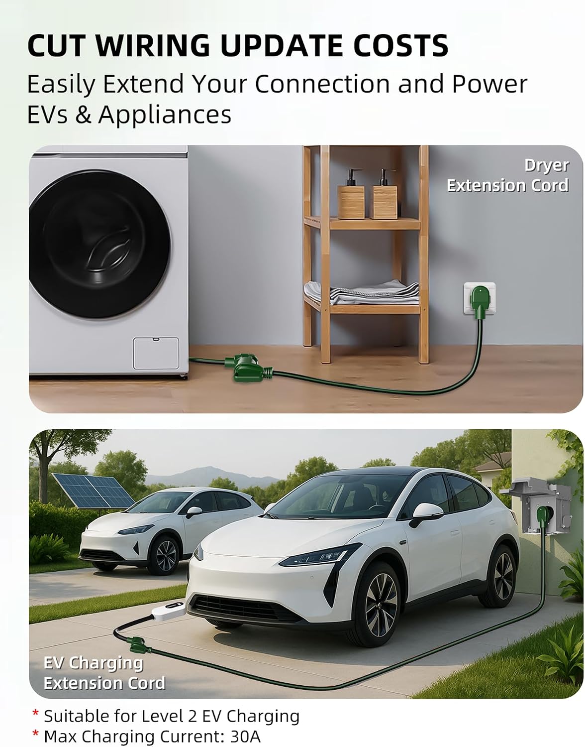 30-Amp 4-Prong Dryer EV Extension Cord, 50 Feet, NEMA 14-30P to 14-30R, 125V/250V Heavy Duty STW 10AWG/4, Use for Tesla Model 3/Y/X/S, Level 2 EV Charging & Dryer Power Extension, ETL Listed