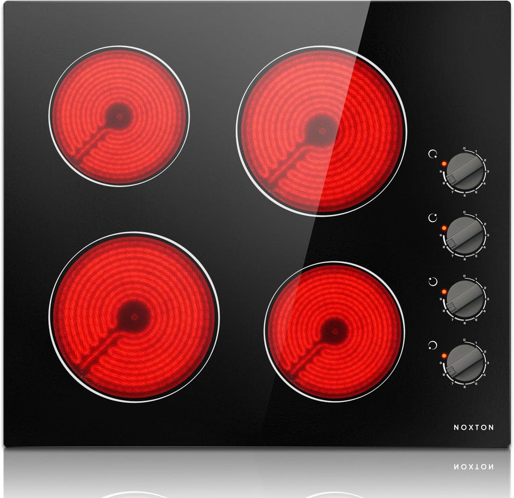 Noxton 24 Inch Electric Cooktop 4 Burners Electric Stove Top, Built-in 24' Radiant Ceramic Cooktop with Knob Control, Hot Surface Indicator, 220-240v,6000W, No Plug, Hard Wire