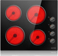Noxton 24 Inch Electric Cooktop 4 Burners Electric Stove Top, Built-in 24' Radiant Ceramic Cooktop with Knob Control, Hot Surface Indicator, 220-240v,6000W, No Plug, Hard Wire