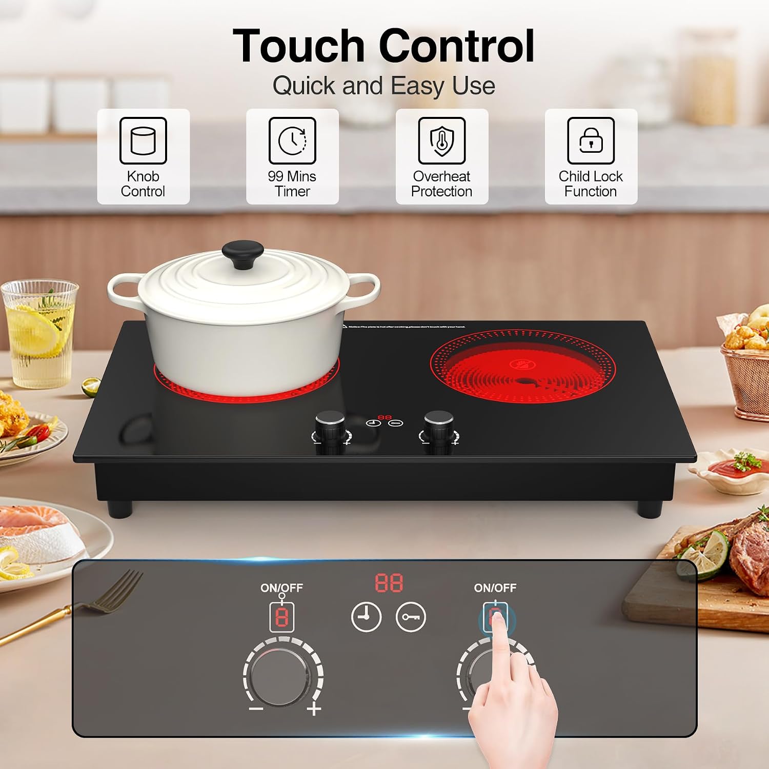 2 Burner Ceramic Cooktop, 2400W 110V Built-in or Countertop Electric Cooktop with Touch Screen & Knob Control, 10 Heat Settings, Child Lock, Timer, Overheat Protection.