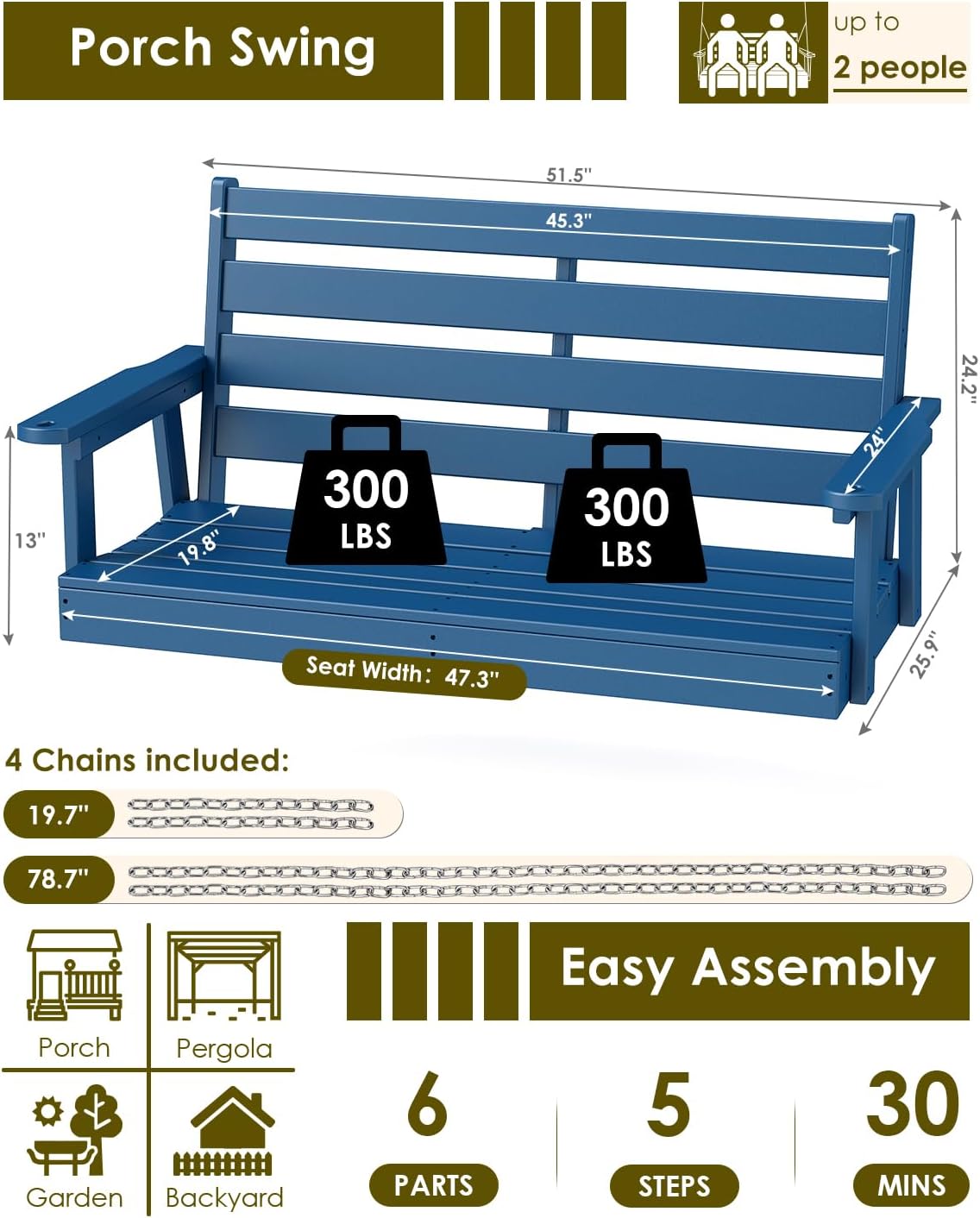 GREENVINES Porch Swing | 51'' | HDPE Plastic | for Outdoor Patio | All Weather | Waterproof Bench Swings | w/ 4 Stainless Steel Chains | Blue