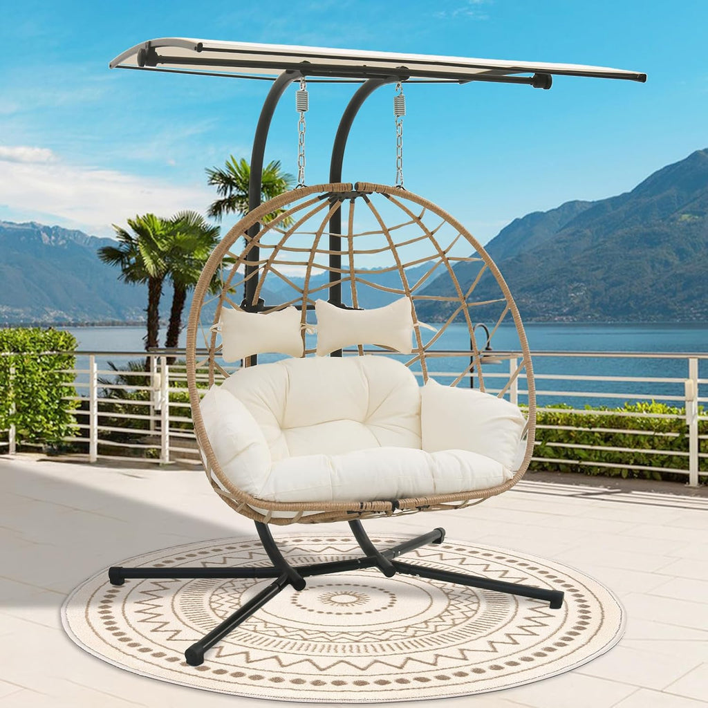 2 Person Hanging Egg Chair with Canopy, Outdoor Rattan Swing Hammock Basket Chair with Soft Cushion, Wicker Egg Chair for Outdoor Patio, Balcony, Garden (White)