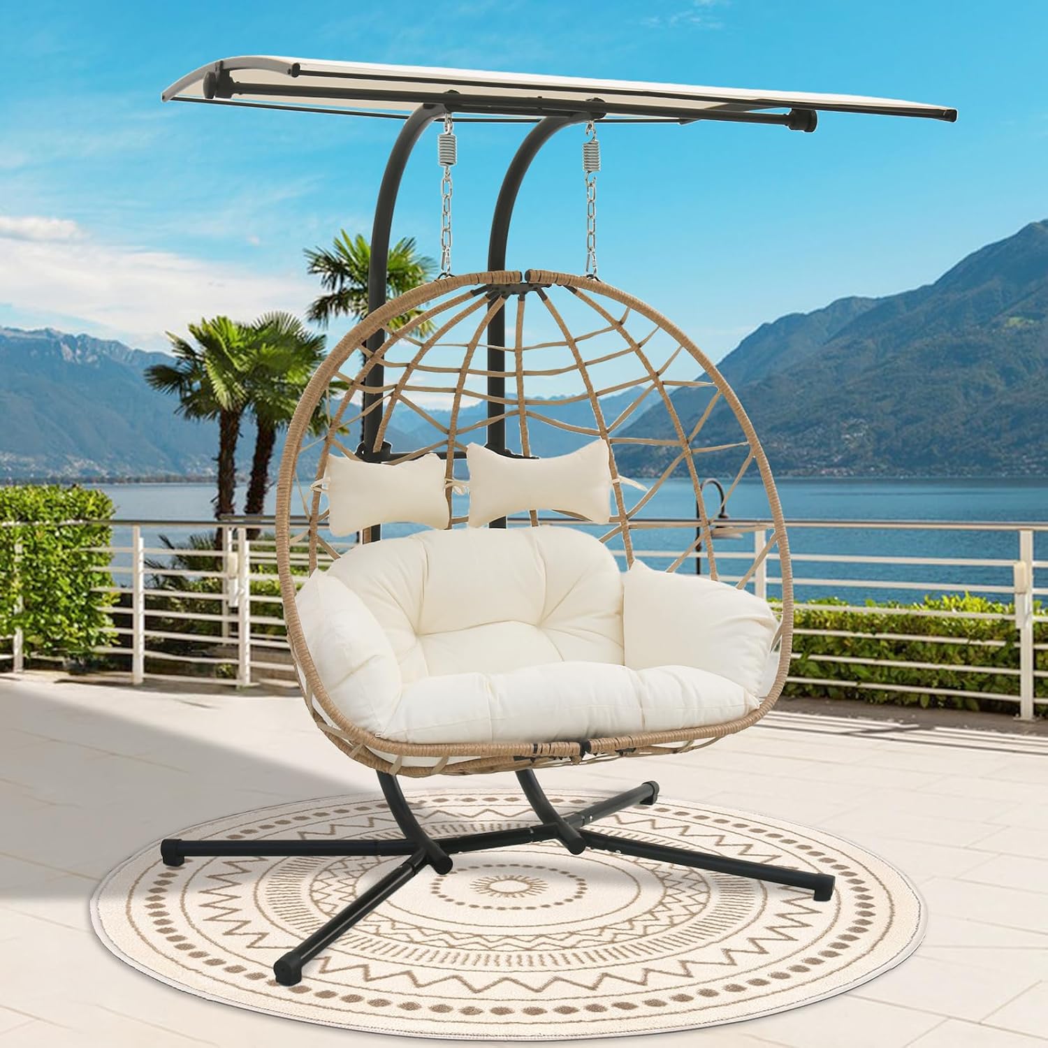 2 Person Hanging Egg Chair with Canopy, Outdoor Rattan Swing Hammock Basket Chair with Soft Cushion, Wicker Egg Chair for Outdoor Patio, Balcony, Garden (White)